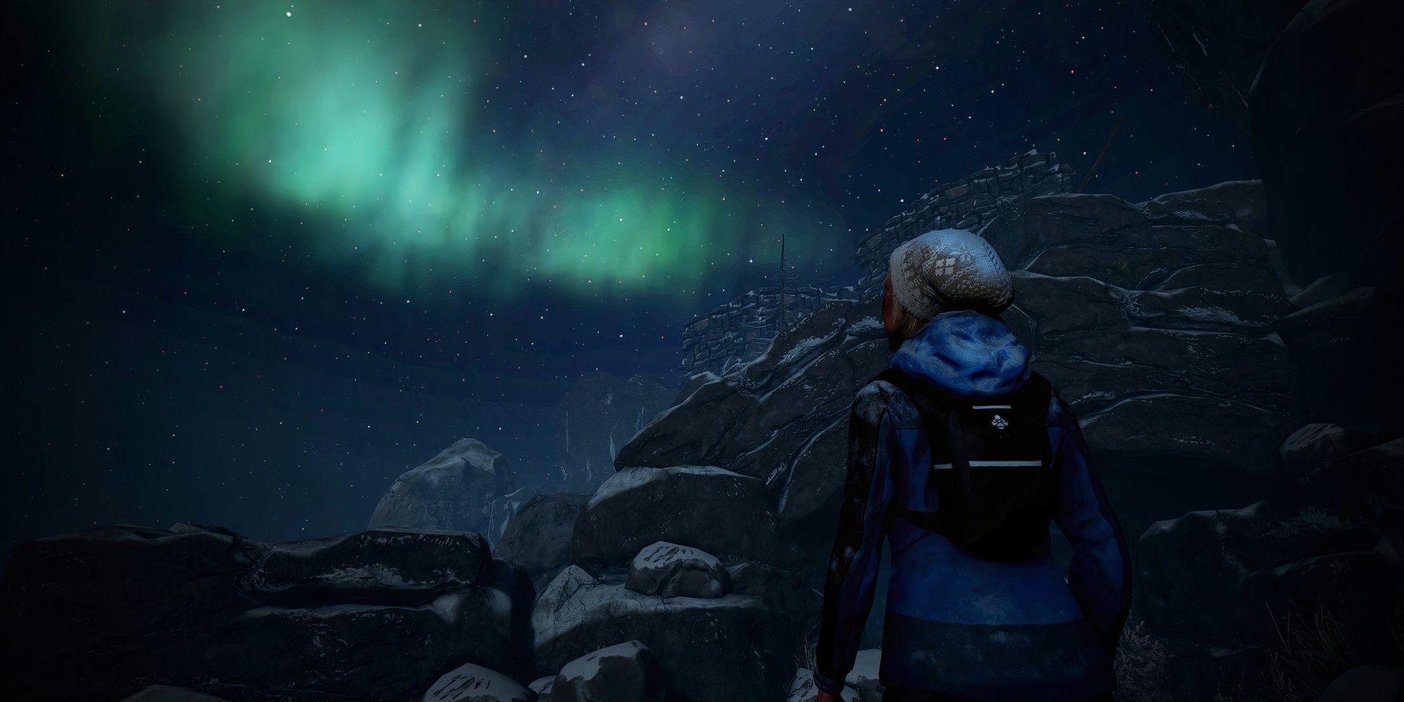 8 Great Folk Horror Video Games Woman seeing the northing lights as she stands before a mountain