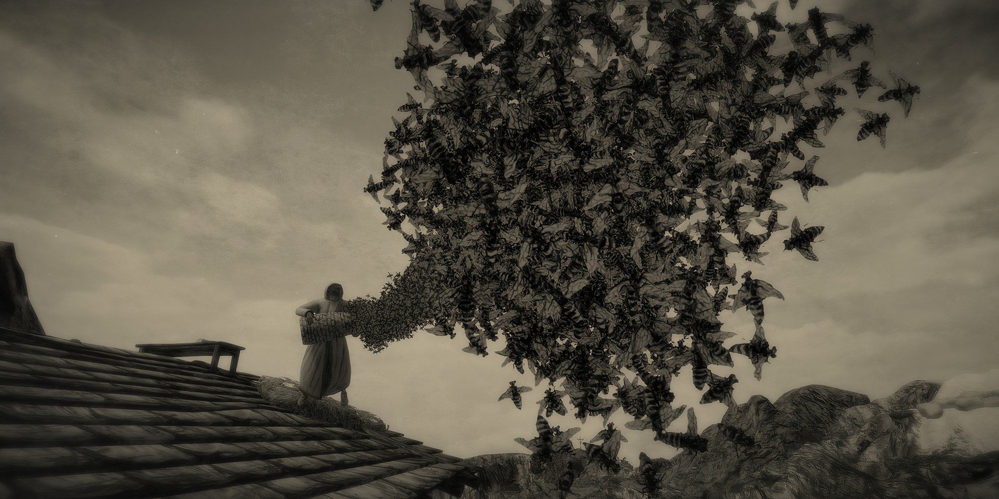 8 Great Folk Horror Video Games A person standing on a roof with a swarm of flying creatures