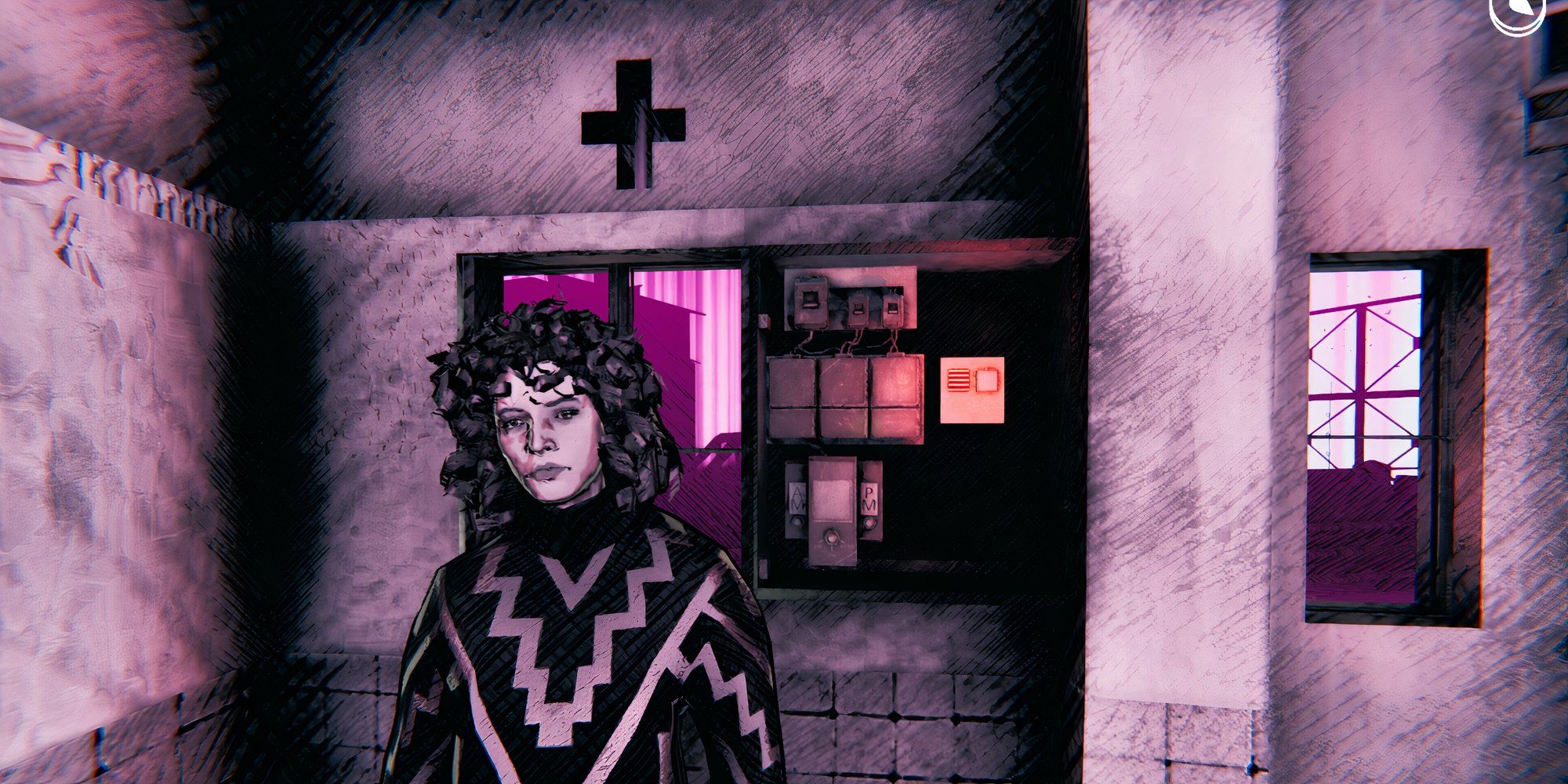 8 Great Folk Horror Video Games Woman standing in front of a cross in a purple tinted room