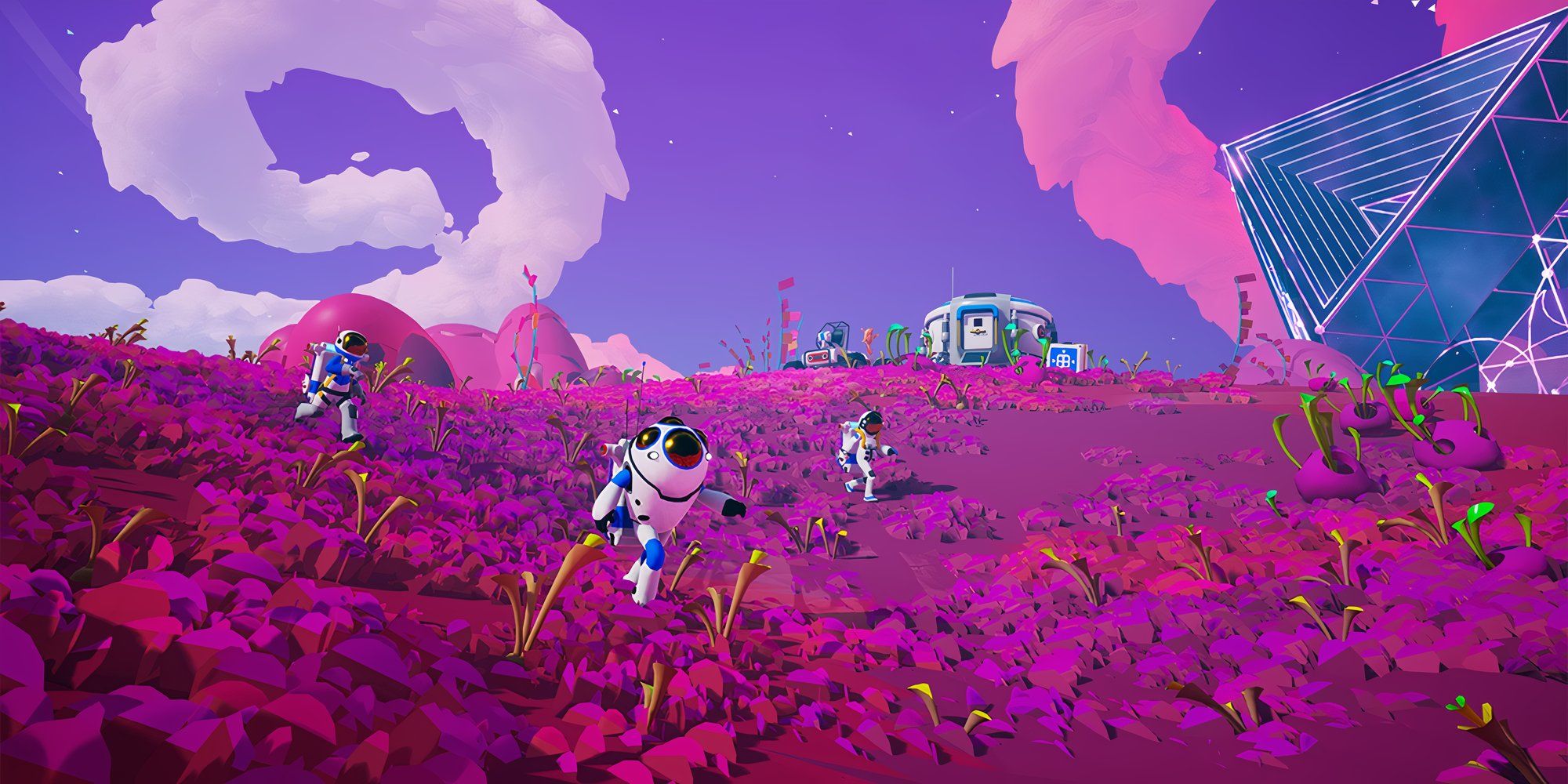 7 Great Survival Games With No Hunger Meter Three astronomers running across a purple landscape