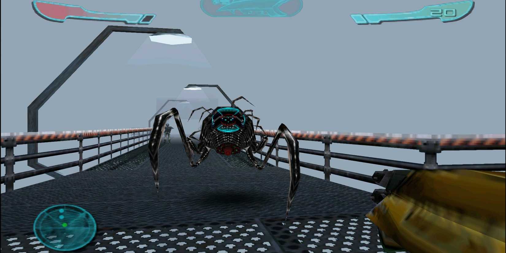 shooting a giant spider on a bridge in armorines