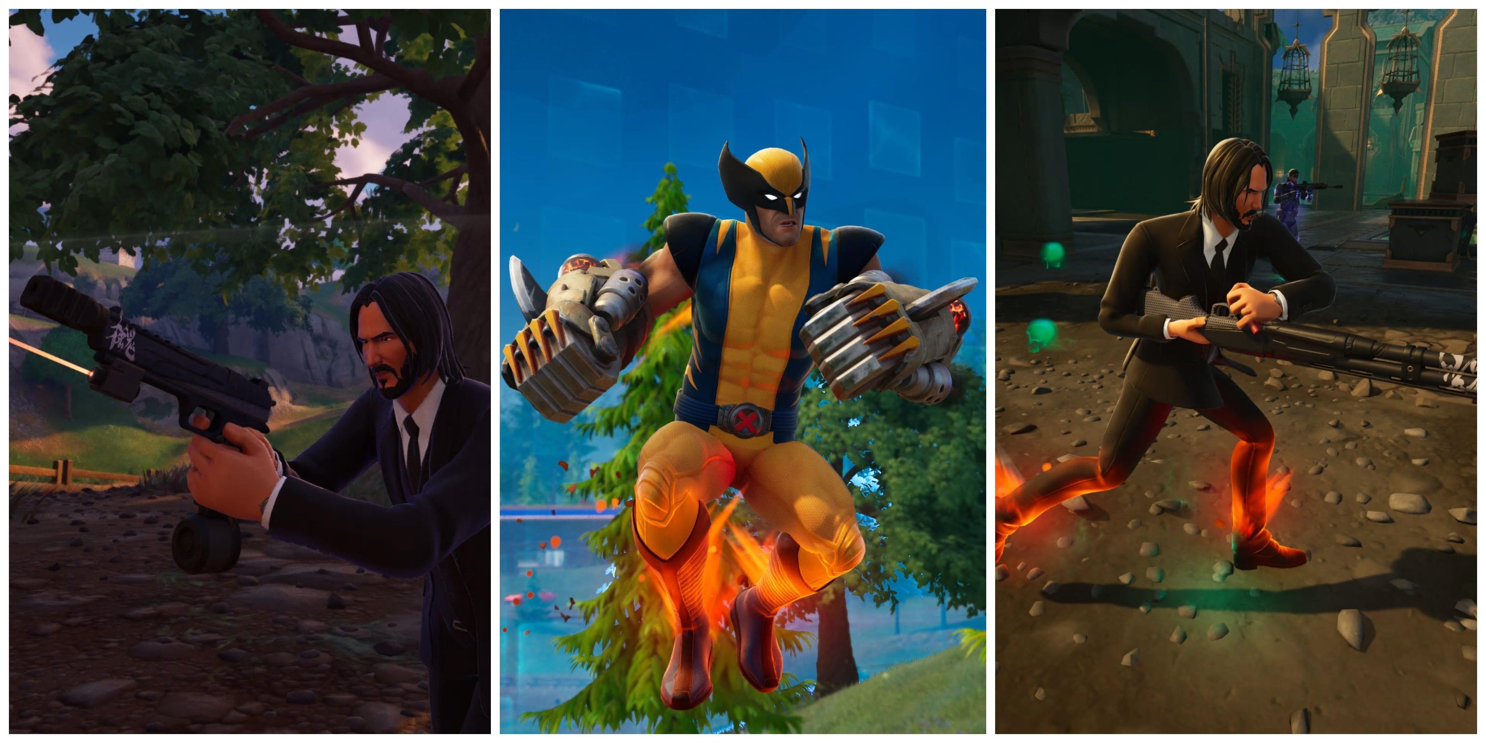john wick and wolverine with weapons in fortnite