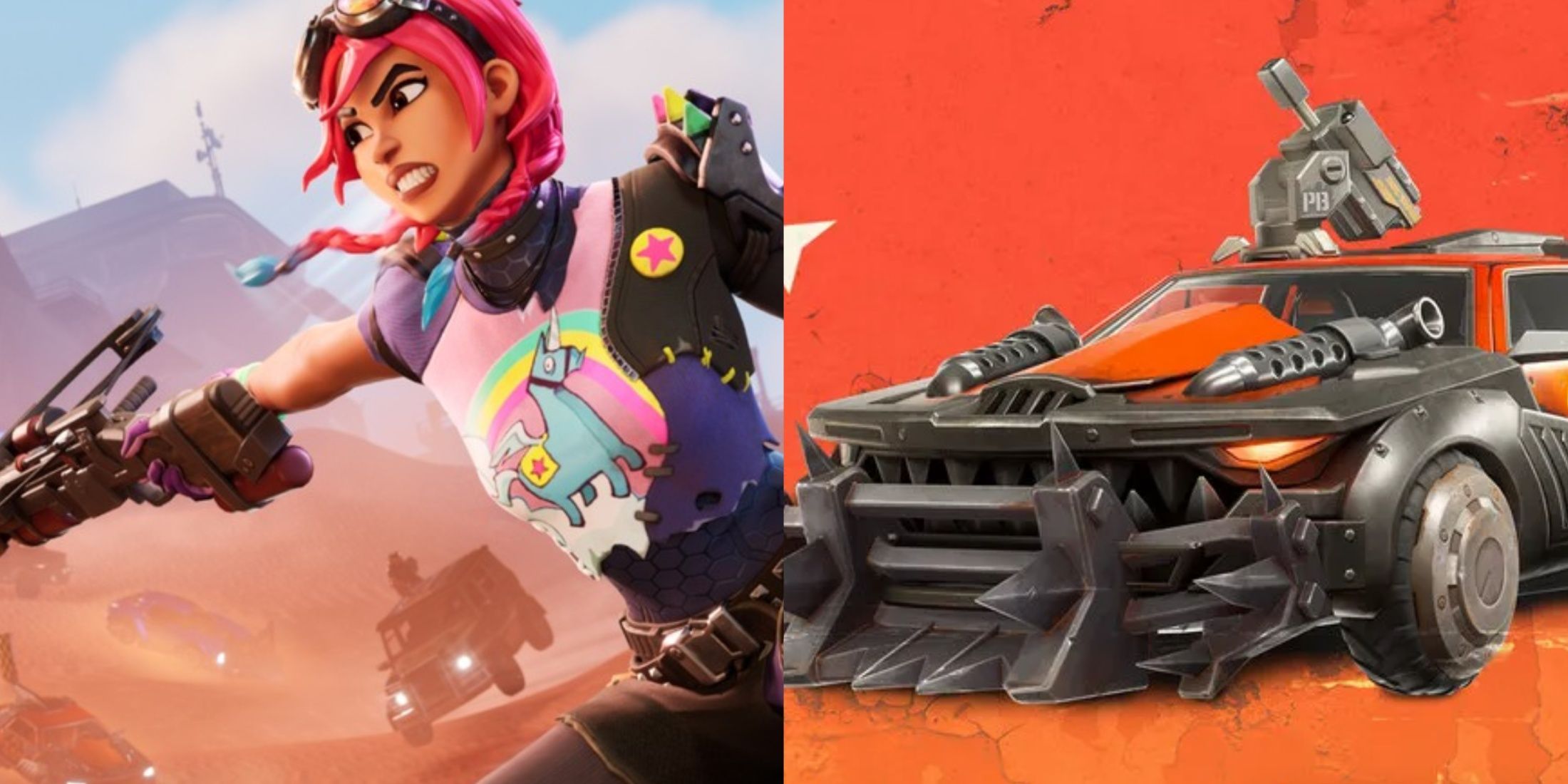 Key art from Fortnite Chapter 5 Season 3 next to a modded vehicle from the game.