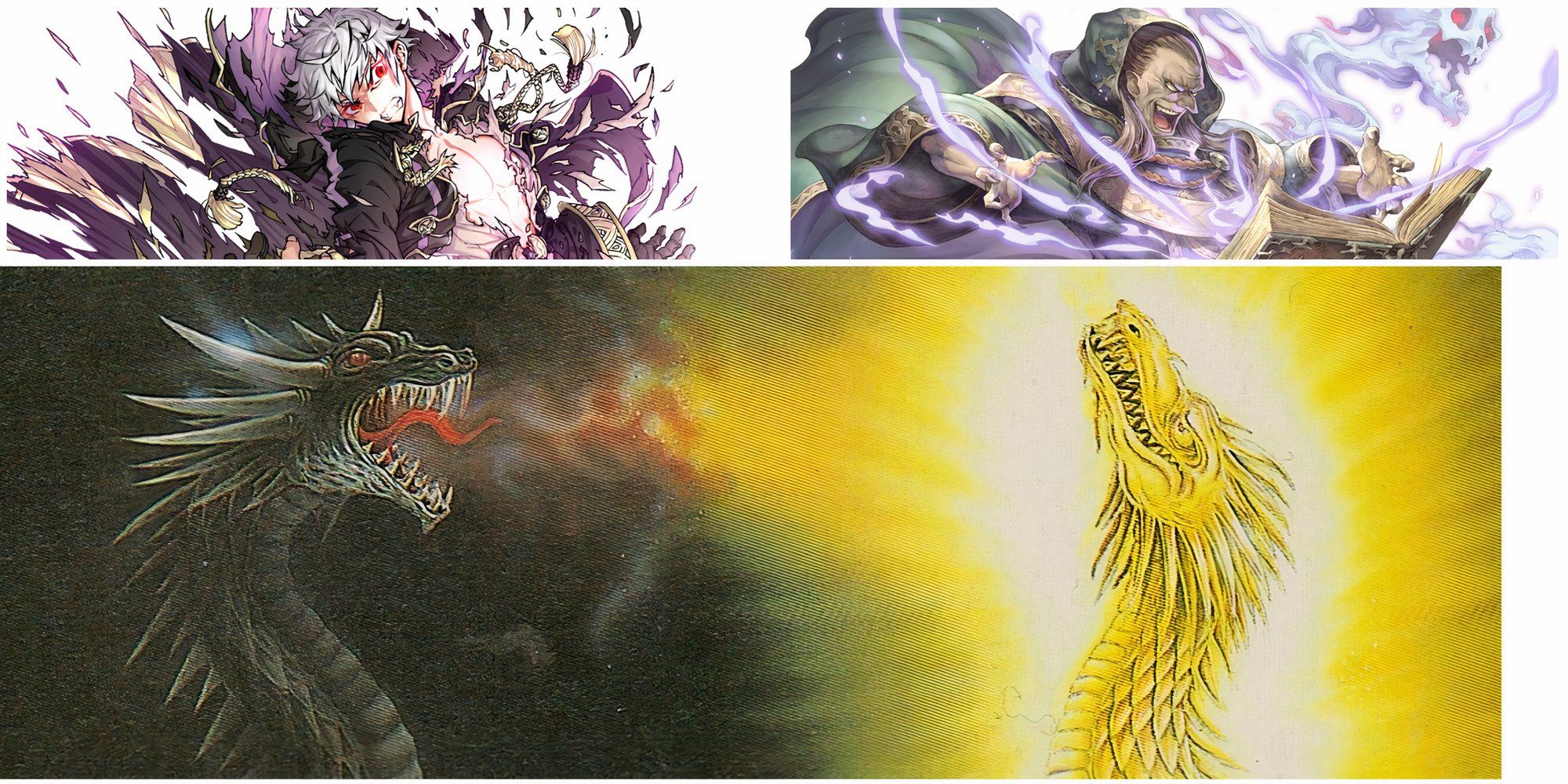 Images Grima possessing Robin, and Gharnef using magic at the top with an image of Loptr attacking Naga at the bottom