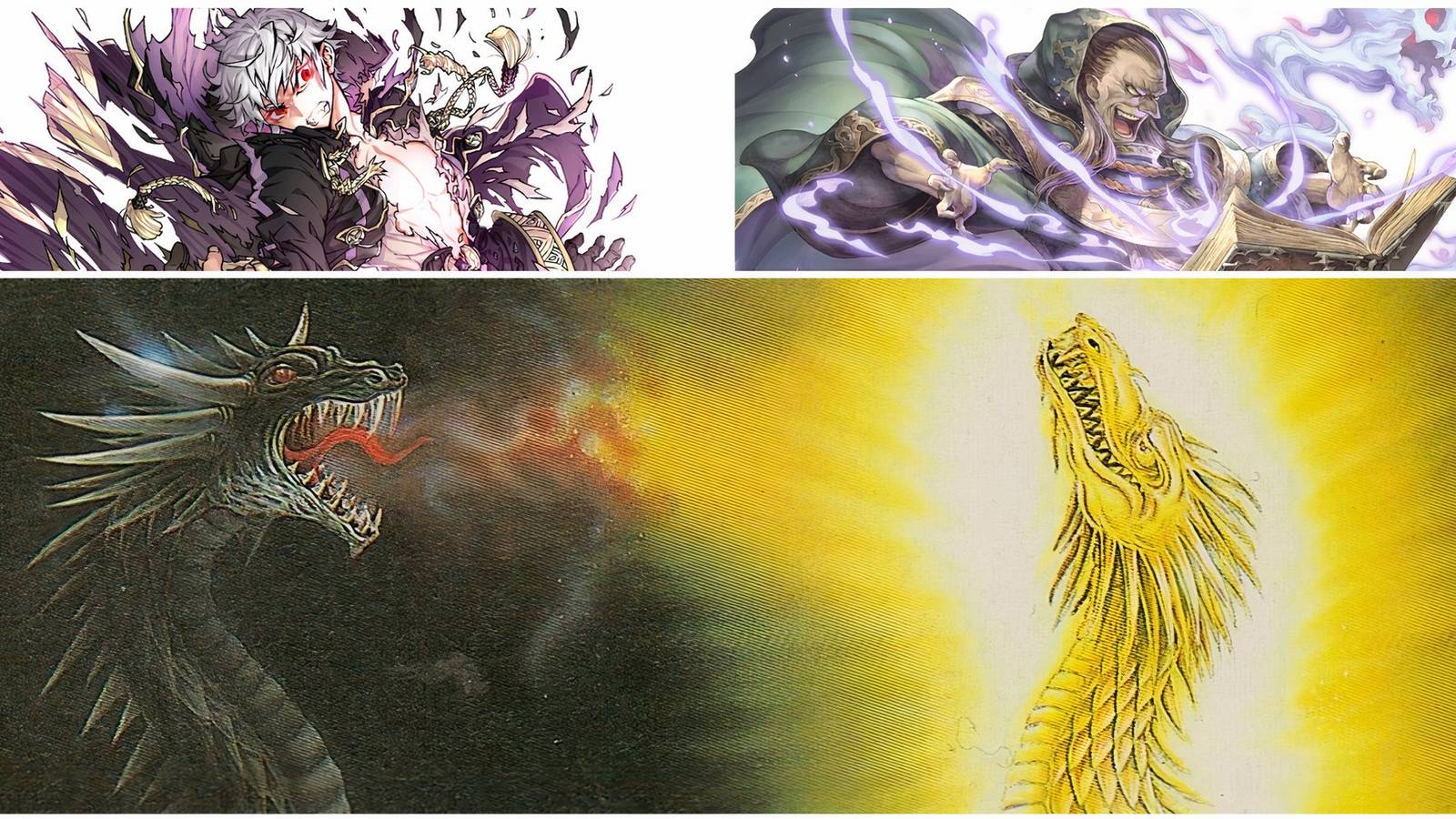 Images Grima possessing Robin, and Gharnef using magic at the top with an image of Loptr attacking Naga at the bottom