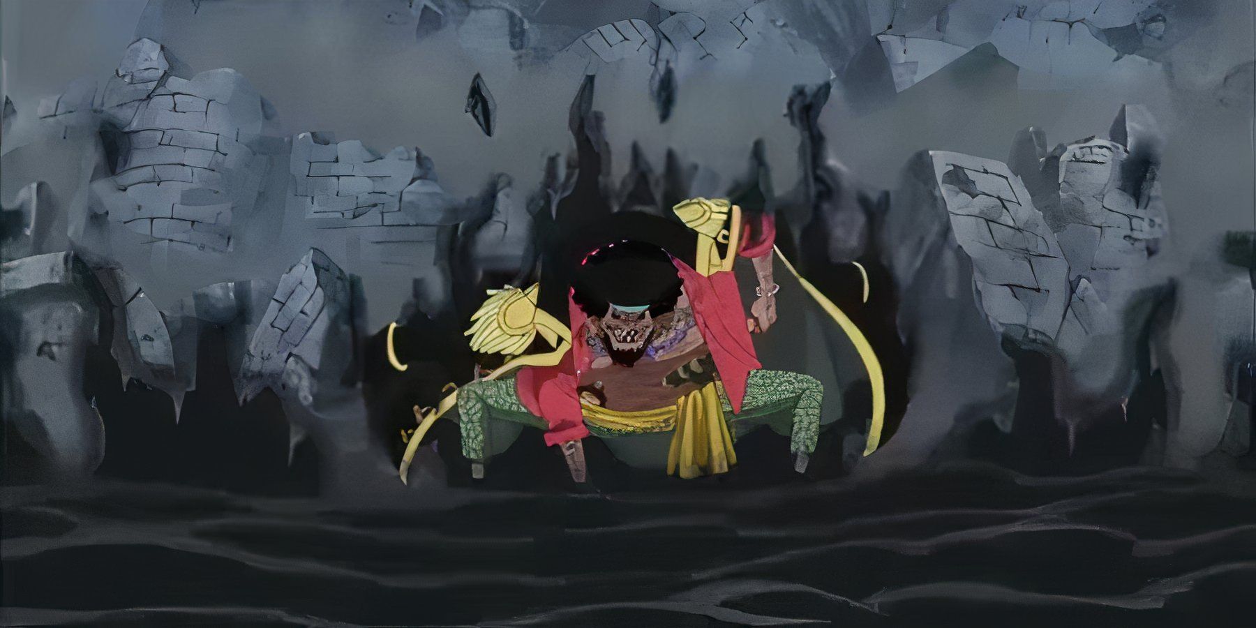 Blackbeard creates a pool of darkness with the Dark-Dark Fruit at Marineford in One Piece