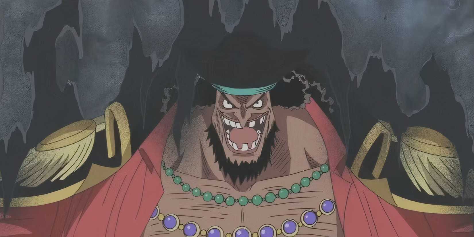 Blackbeard laughs as he uses the Dark-Dark Fruit during the Summit War in One Piece.