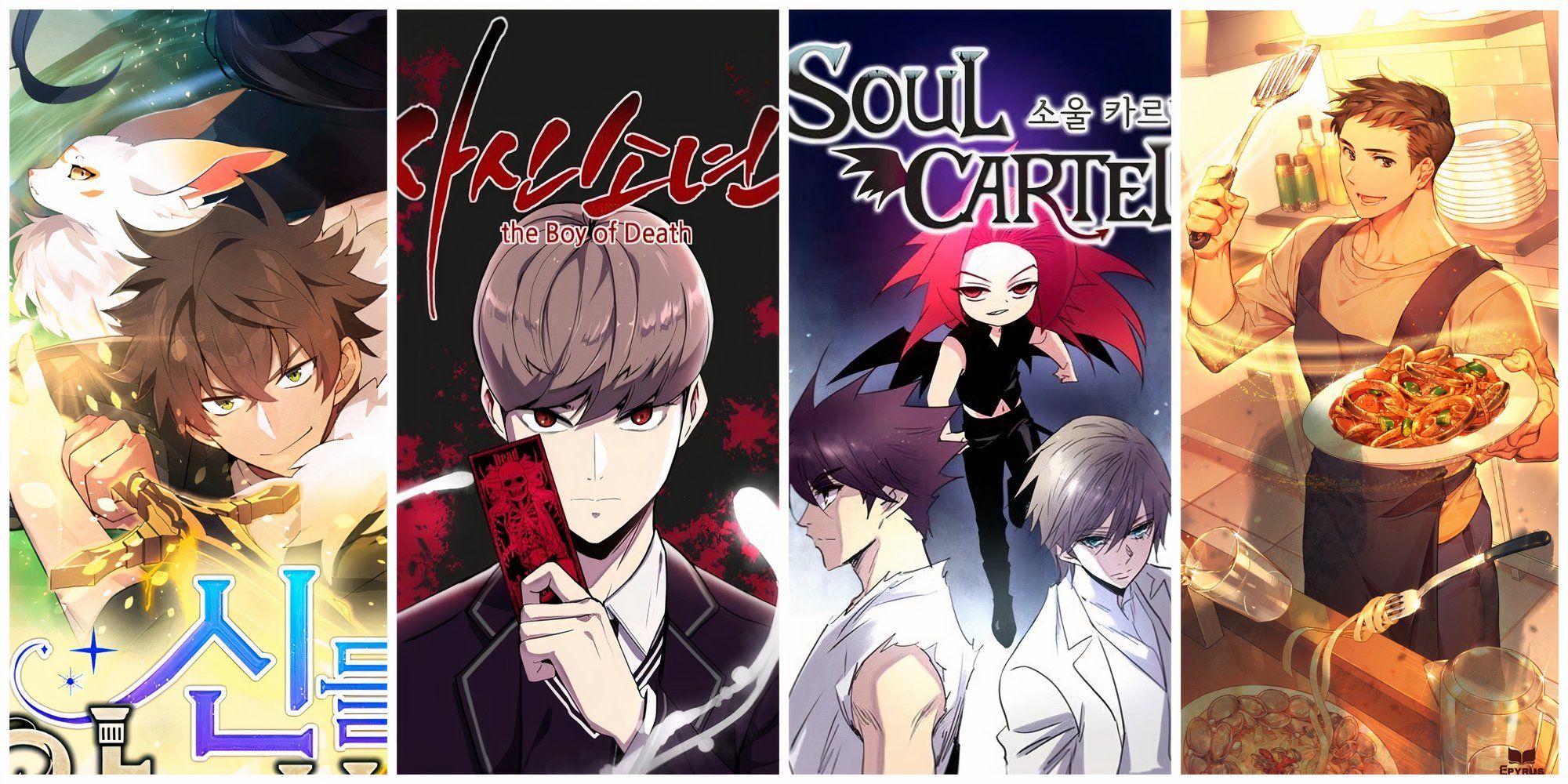 10 Manhwa Series with Unique Underworlds cover with I Became a Part-Time Employee For The Gods, The Boy of Death, Soul Cartel, and Underworld Restaurant