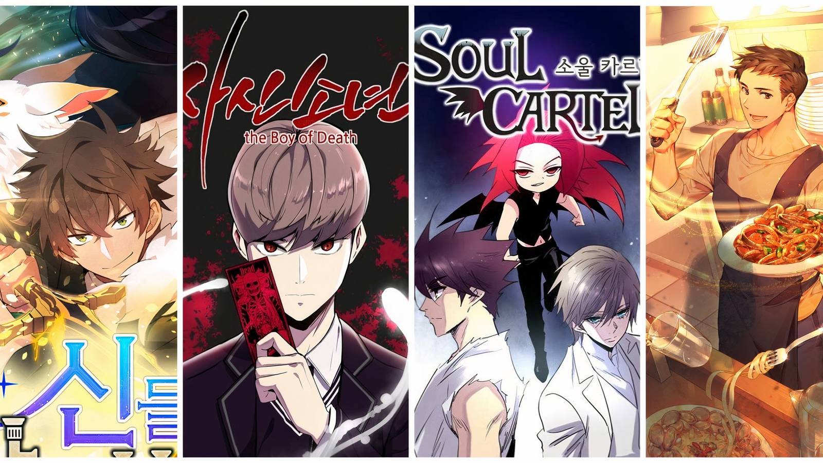 10 Manhwa Series with Unique Underworlds cover with I Became a Part-Time Employee For The Gods, The Boy of Death, Soul Cartel, and Underworld Restaurant