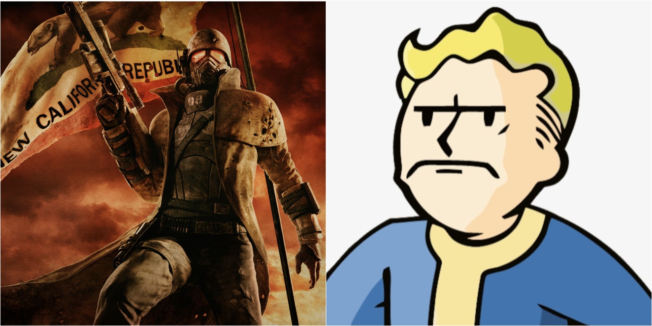 Key art for Fallout: New Vegas next to series mascot Vault Boy