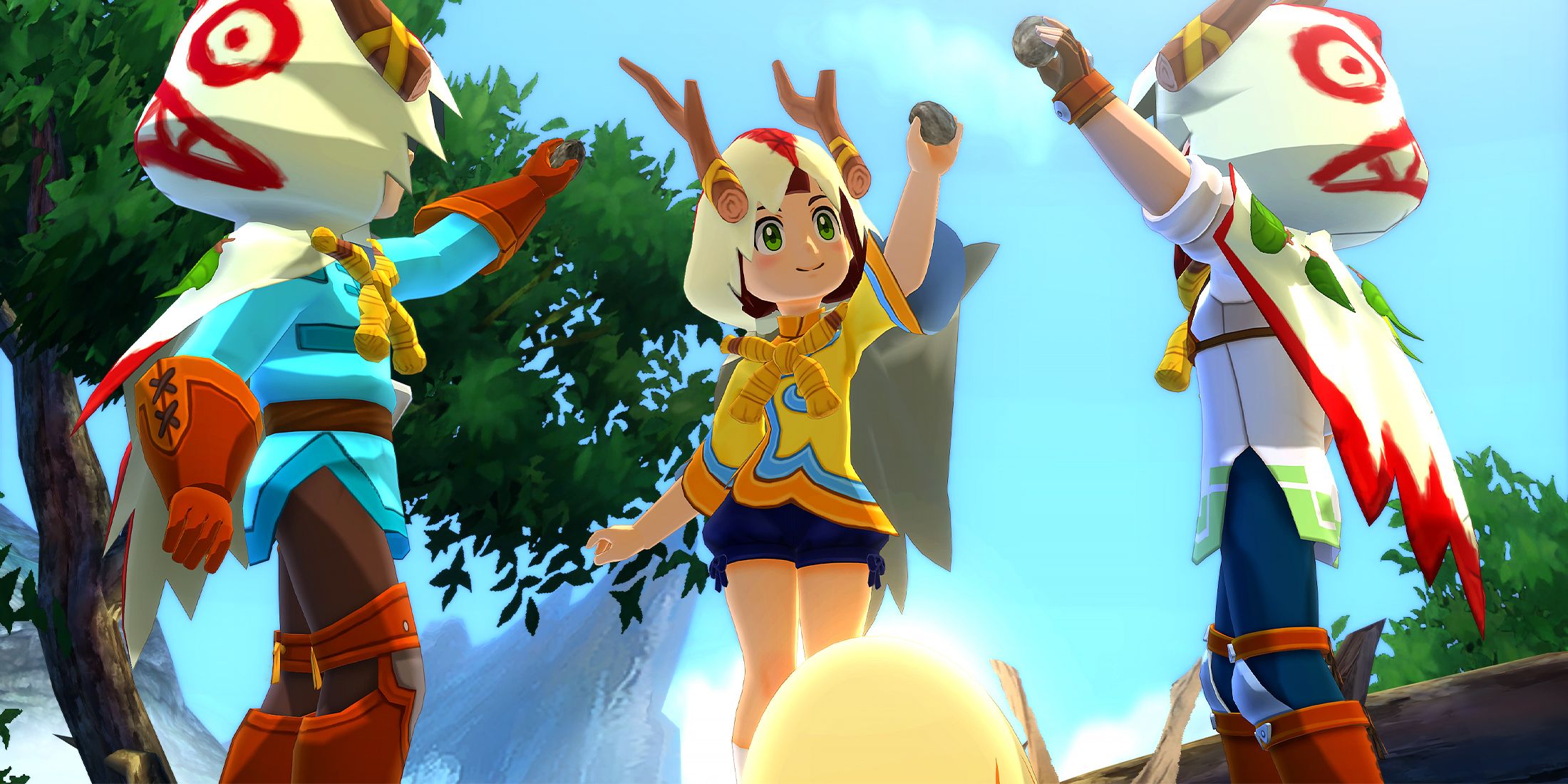 Monster Hunter Stories characters holding up Kinship stones over an egg