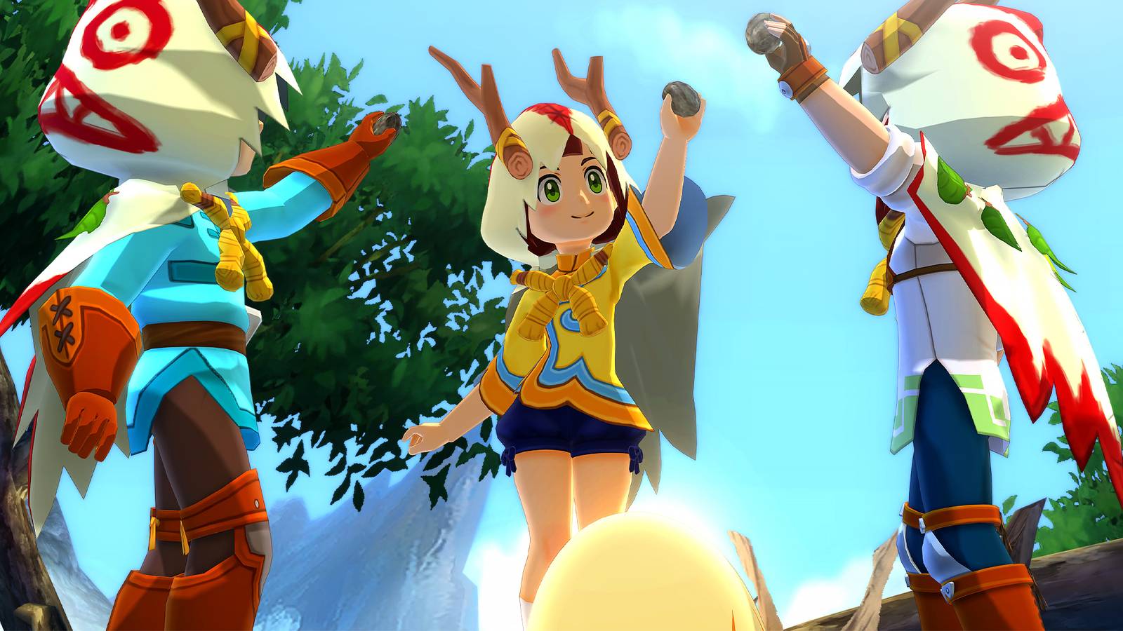Monster Hunter Stories characters holding up Kinship stones over an egg