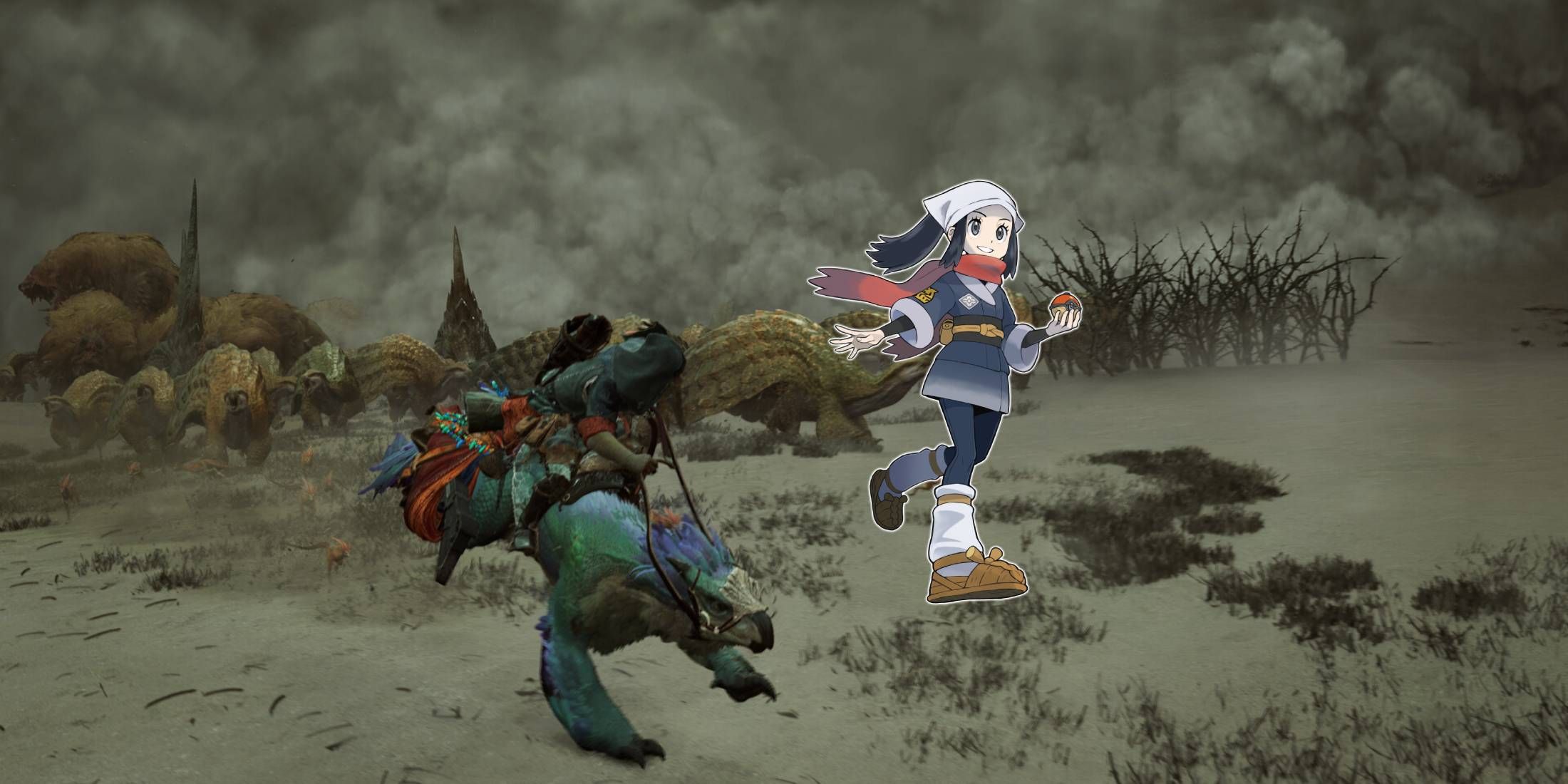 Monster Hunter Wilds' protagonist running through a stampede alongside Akari from Pokemon Legends: Arceus