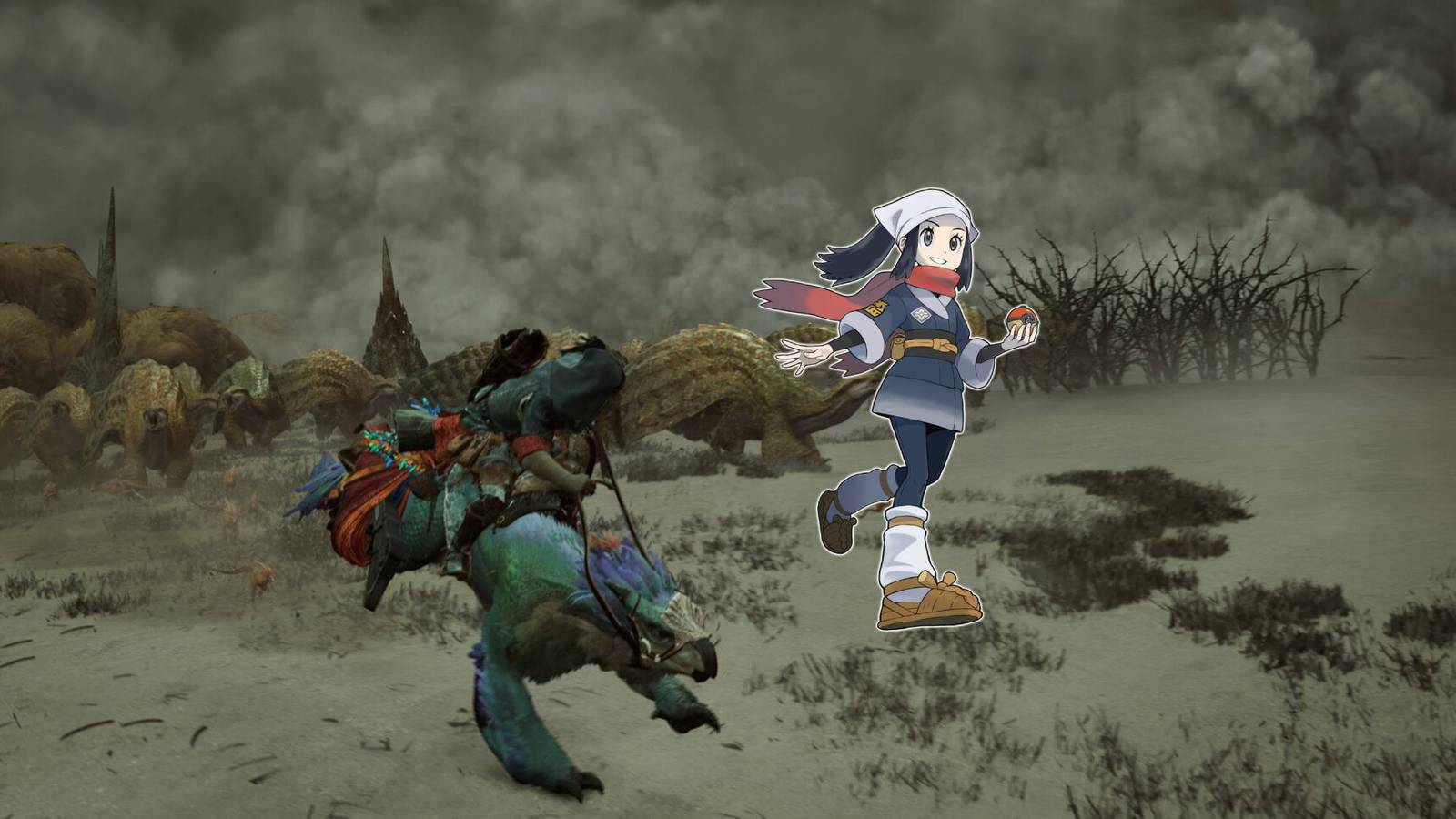 Monster Hunter Wilds' protagonist running through a stampede alongside Akari from Pokemon Legends: Arceus