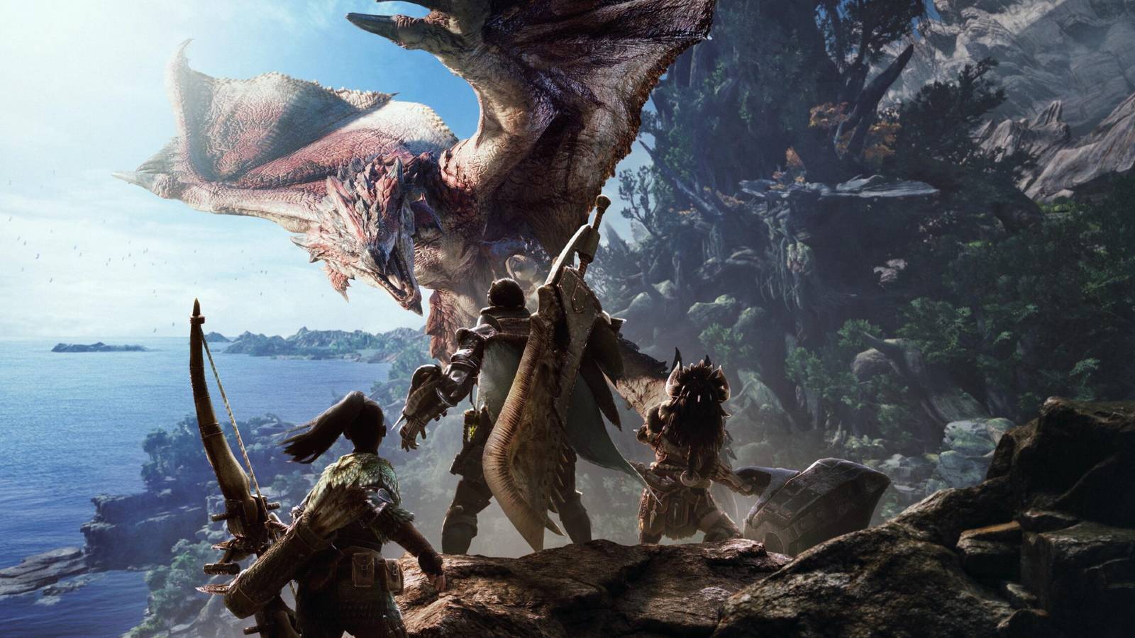 The heroes fighting a monster on a cliffside in Monster Hunter World