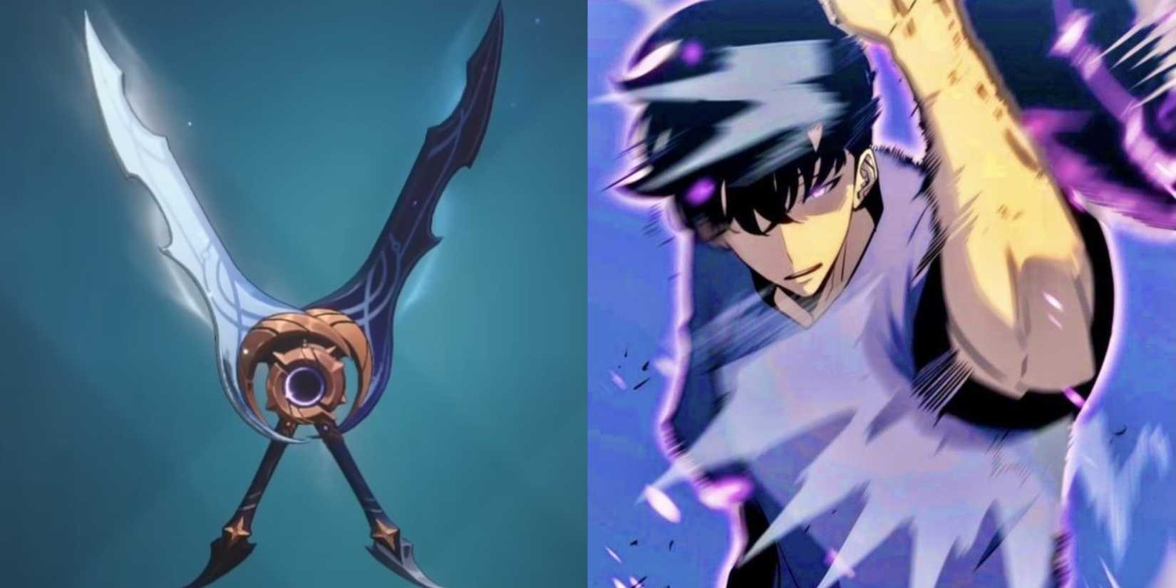 moonshadow weapon and jinwoo receiving enemy attack with his arm