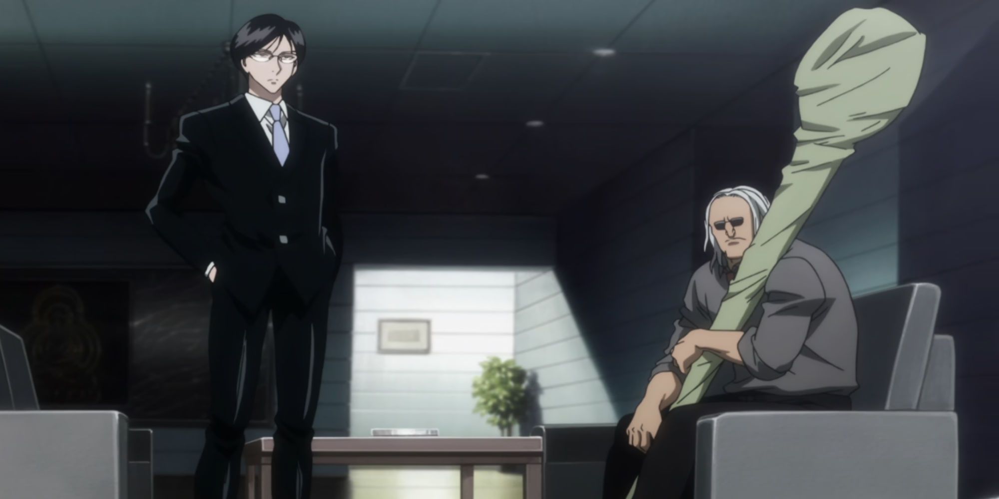 Morel and Knov discussing tactics with chairman Netero in Hunter x Hunter