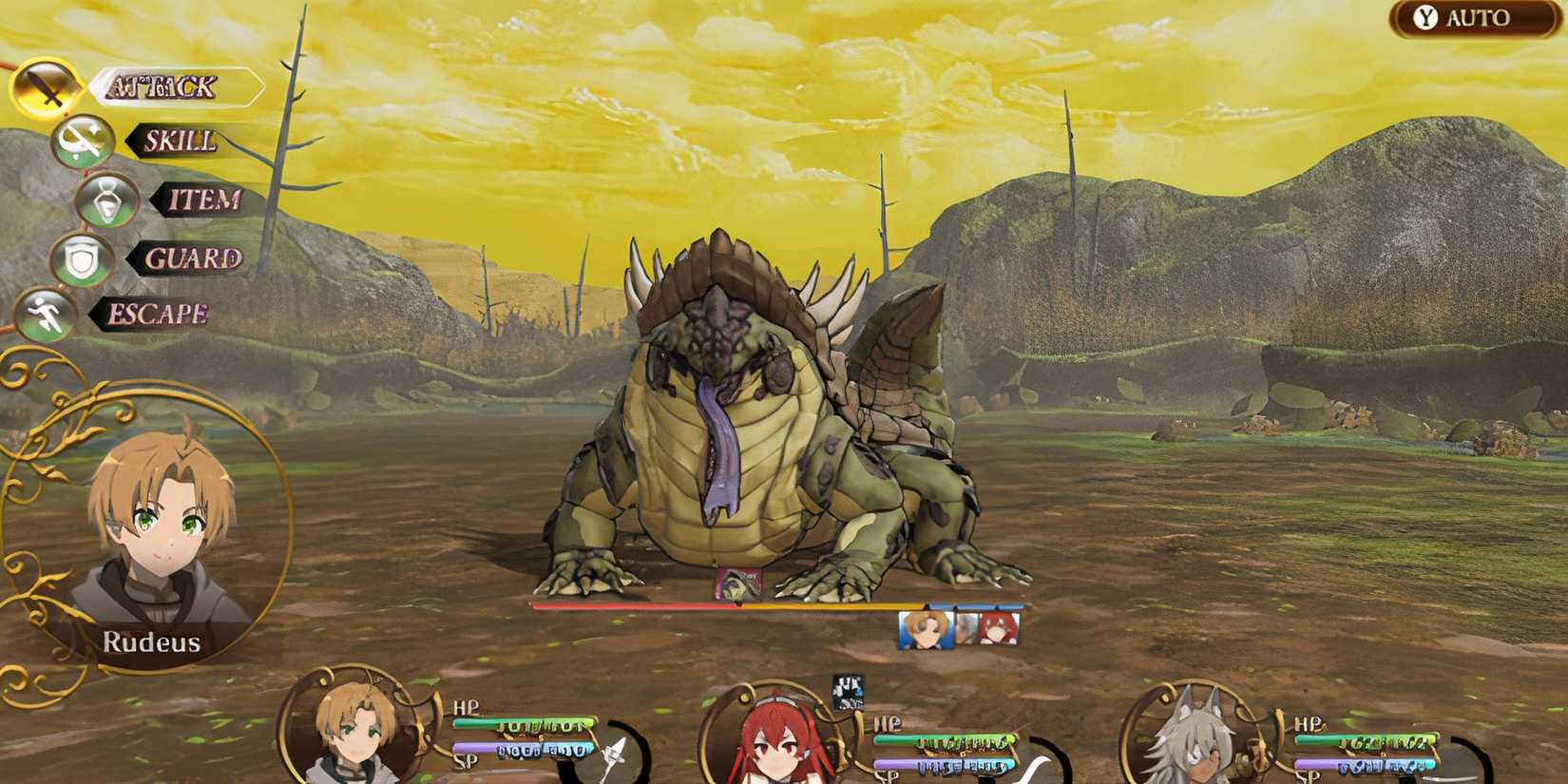 Rudeus, Erism Ghislaine fighting a big monster in a turn based game