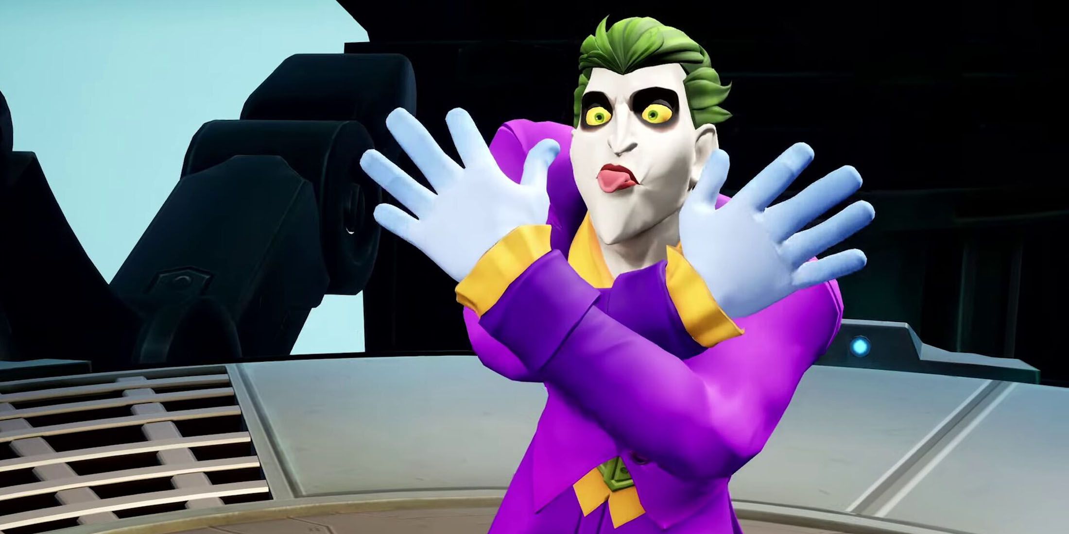 A screenshot of the Joker taunting his oppoents by sticking his tounge out in MultiVersus.