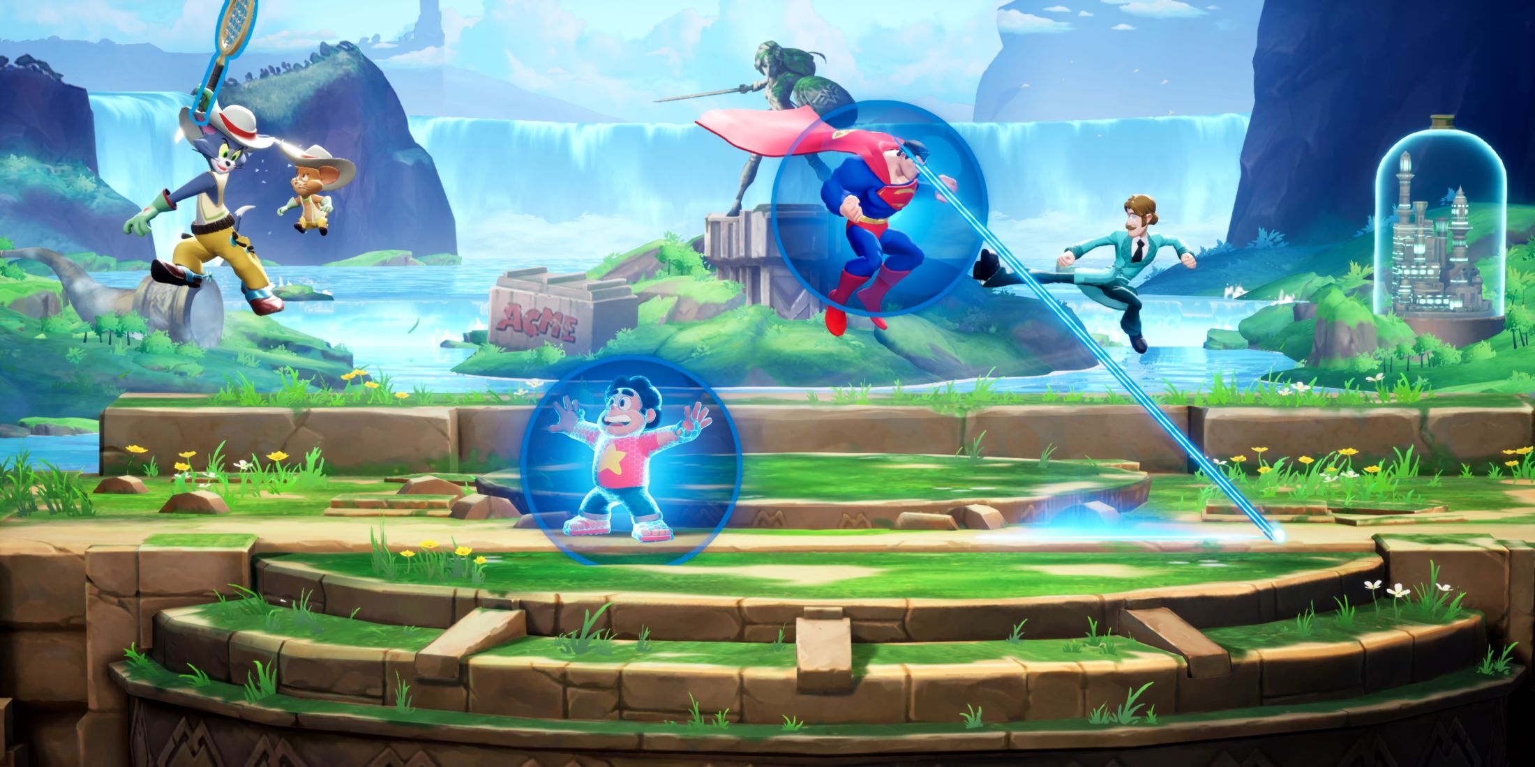 A screenshot from MultiVersus showing Tom, Steven Universe, Superman, and Shaggy.