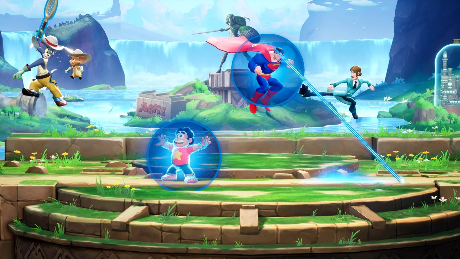 A screenshot from MultiVersus showing Tom, Steven Universe, Superman, and Shaggy.