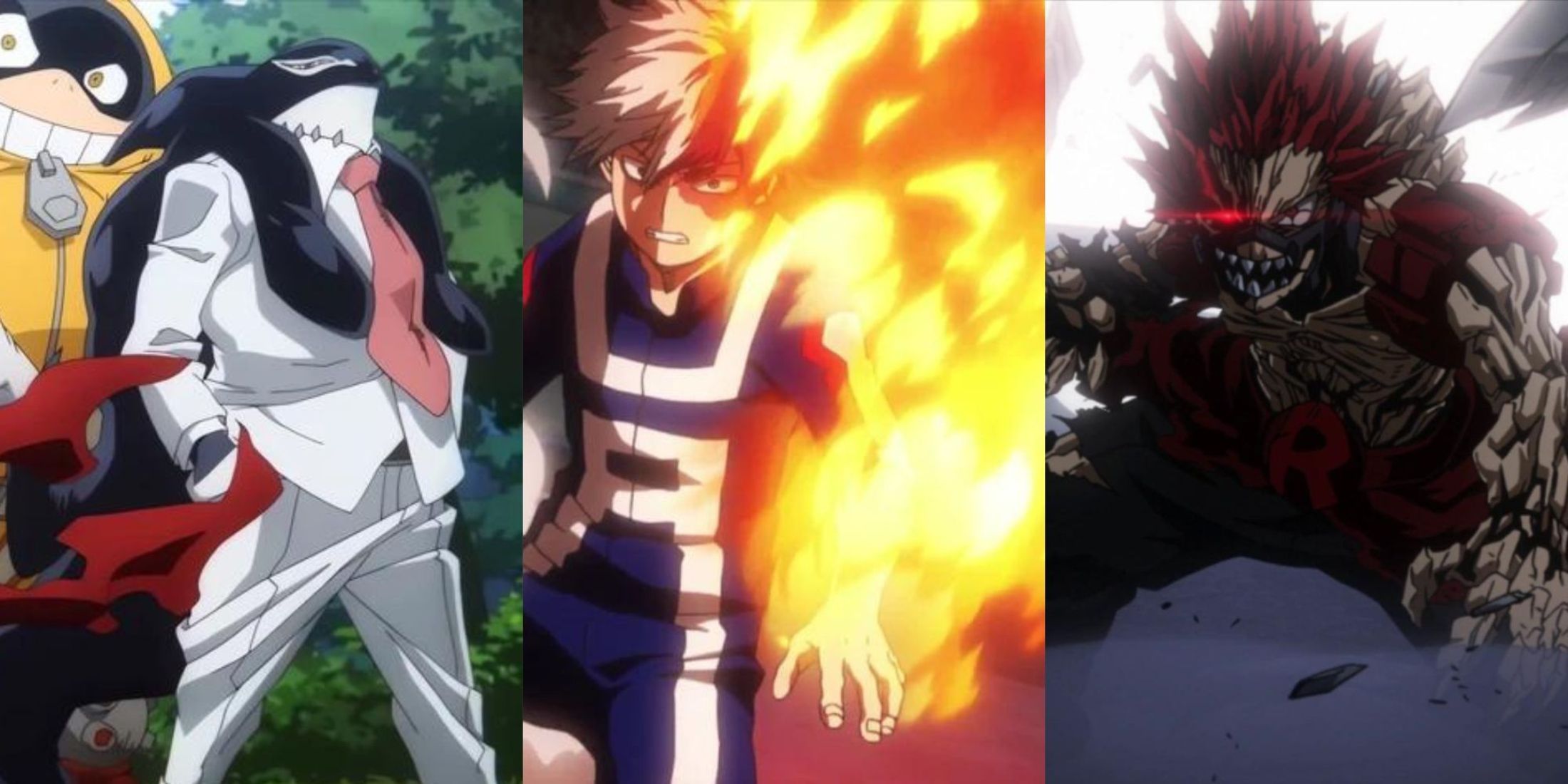 A collage of My Hero Academia characters using the 3 main types of quirks: Gang Orca (Mutant Type), Shoto Todoroki (Emitter Type) and Eijiro Kirishima (Transformation Type)