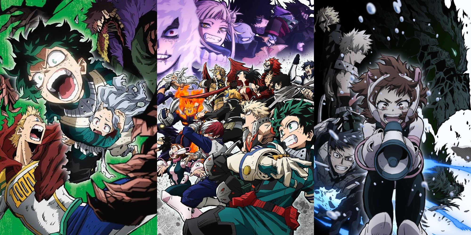 A collage with official promotional arcs of three arcs of the My Hero Academia anime: The Shie Hassaikai arc, the Paranormal Liberation War arc and the Dark Hero arc.
