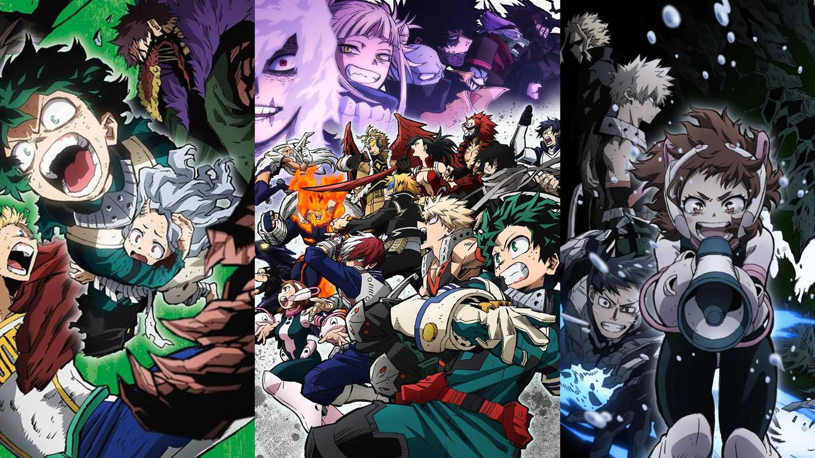 A collage with official promotional arcs of three arcs of the My Hero Academia anime: The Shie Hassaikai arc, the Paranormal Liberation War arc and the Dark Hero arc.