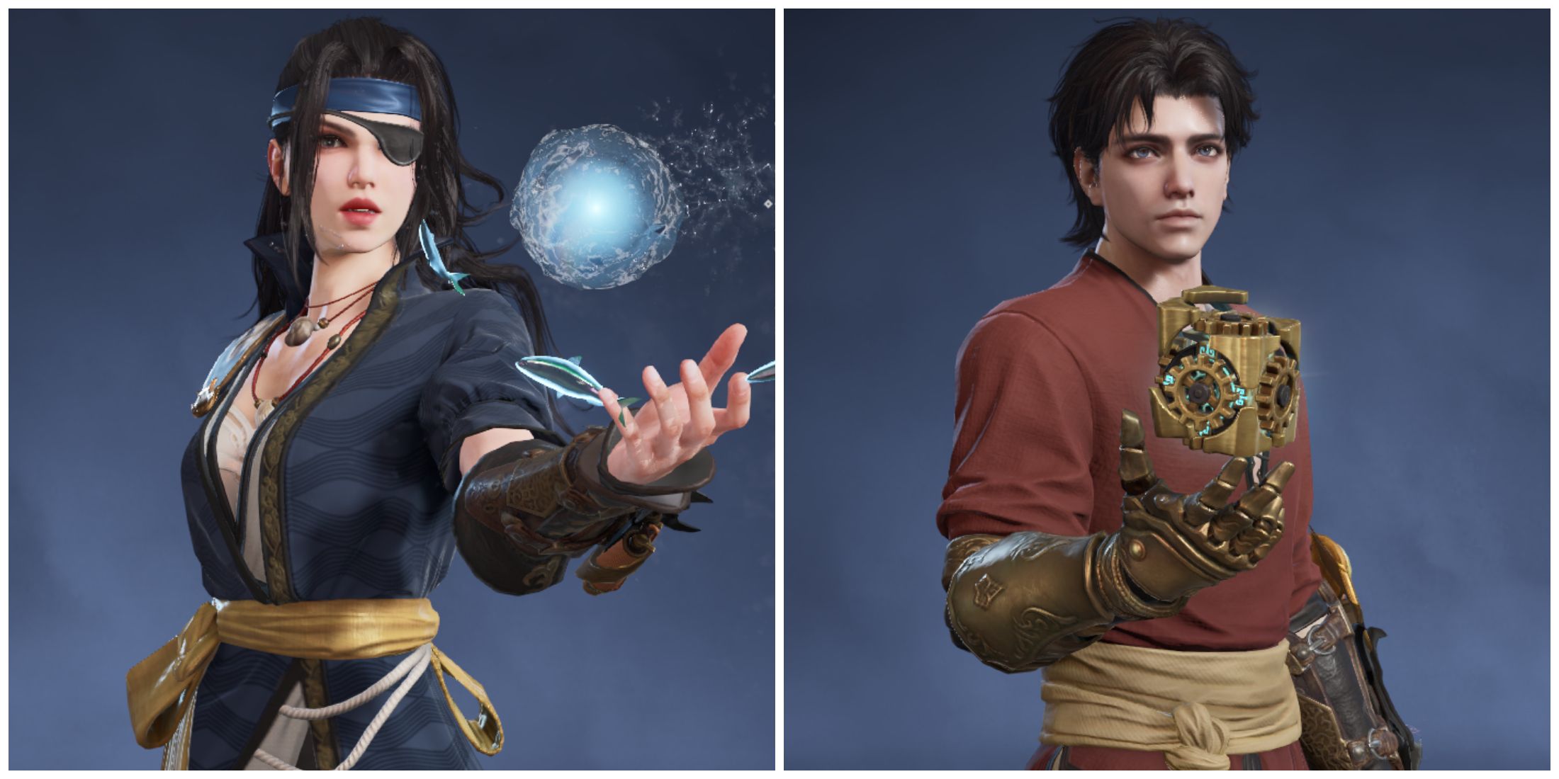 Split image of the characters Valda Cui and Hadi in Naraka Bladepoint
