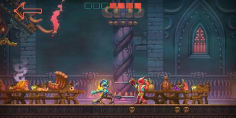 Opponents standing close with swords in Nidhogg 2