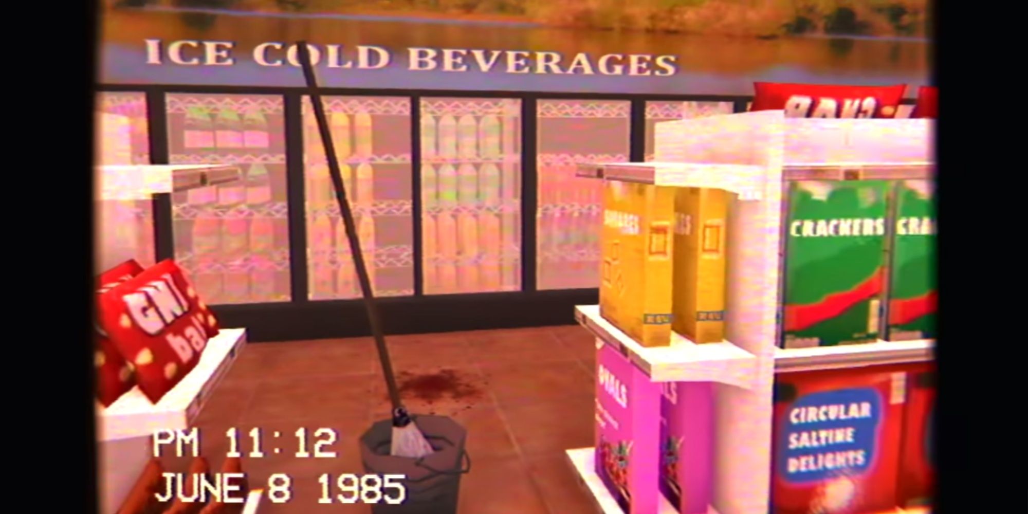 Night Stop VHS footage in beverages aisle
