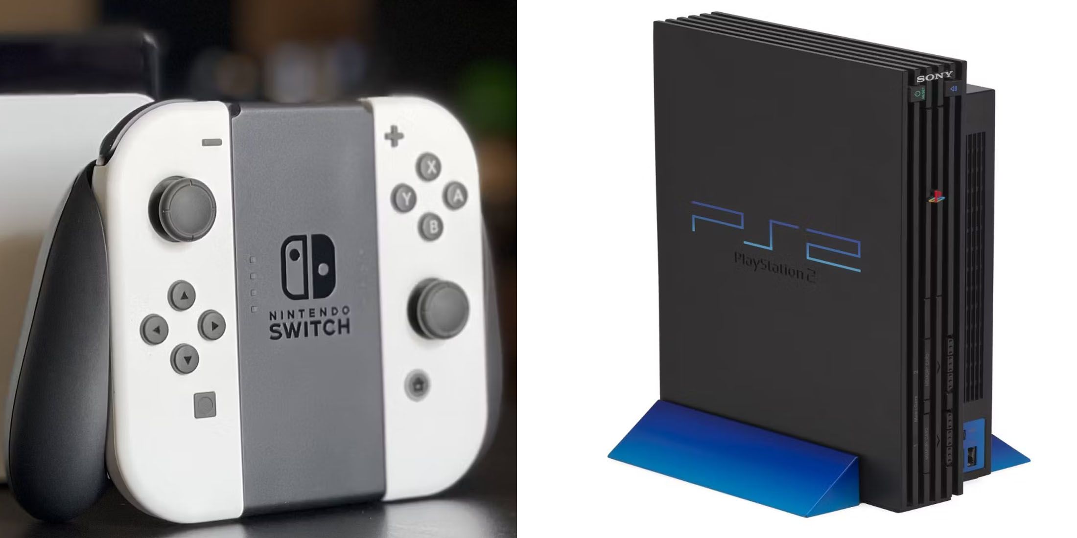 A split-screen image of a Nintendo Switch controller and the PlayStation 2 Console.