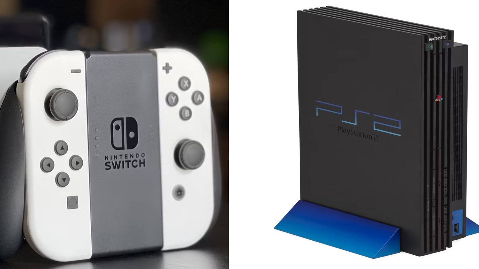 A split-screen image of a Nintendo Switch controller and the PlayStation 2 Console.