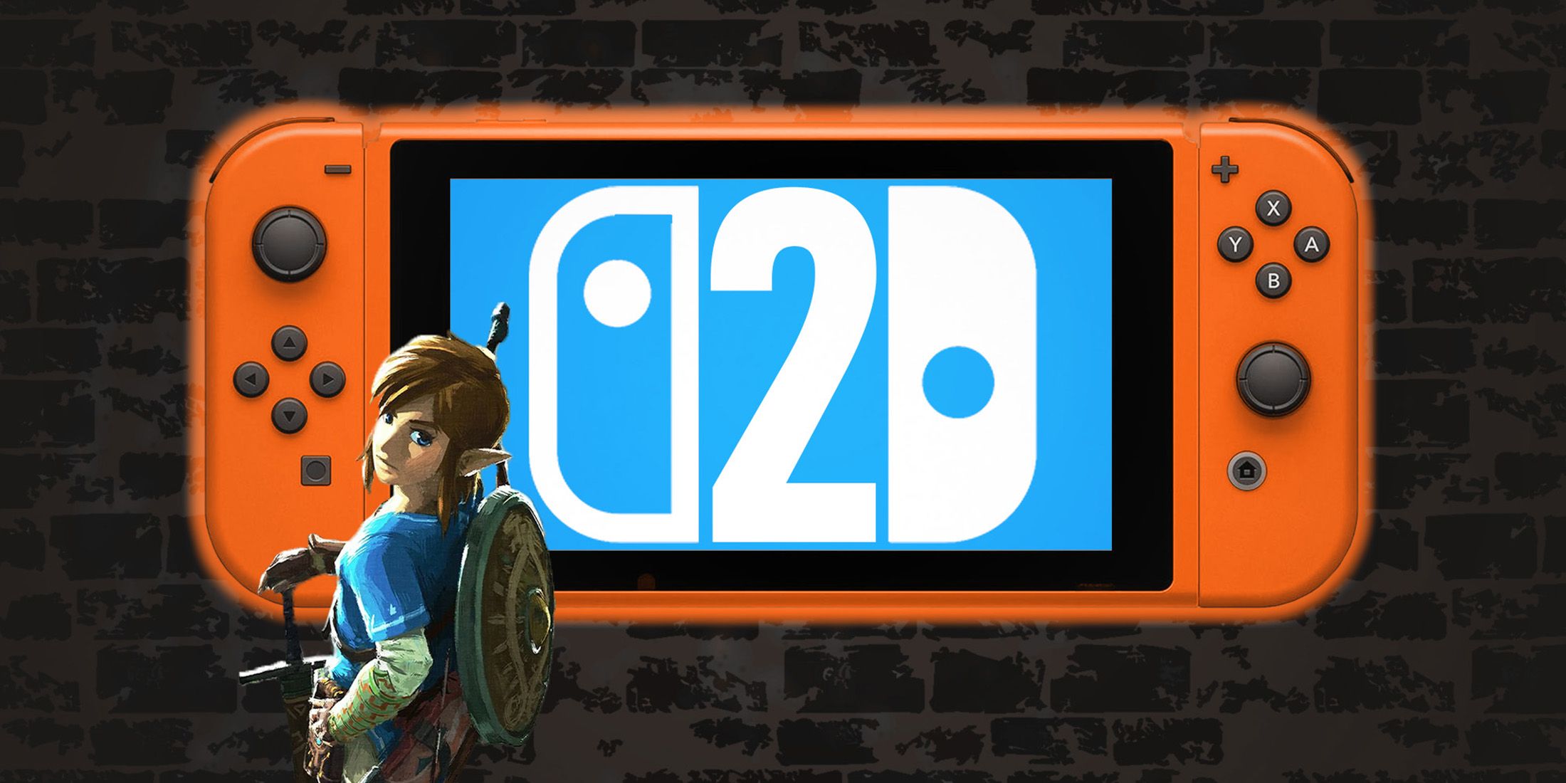 Nintendo Switch 2 orange mockup dark wall with official concept art of Link from Breath of the Wild