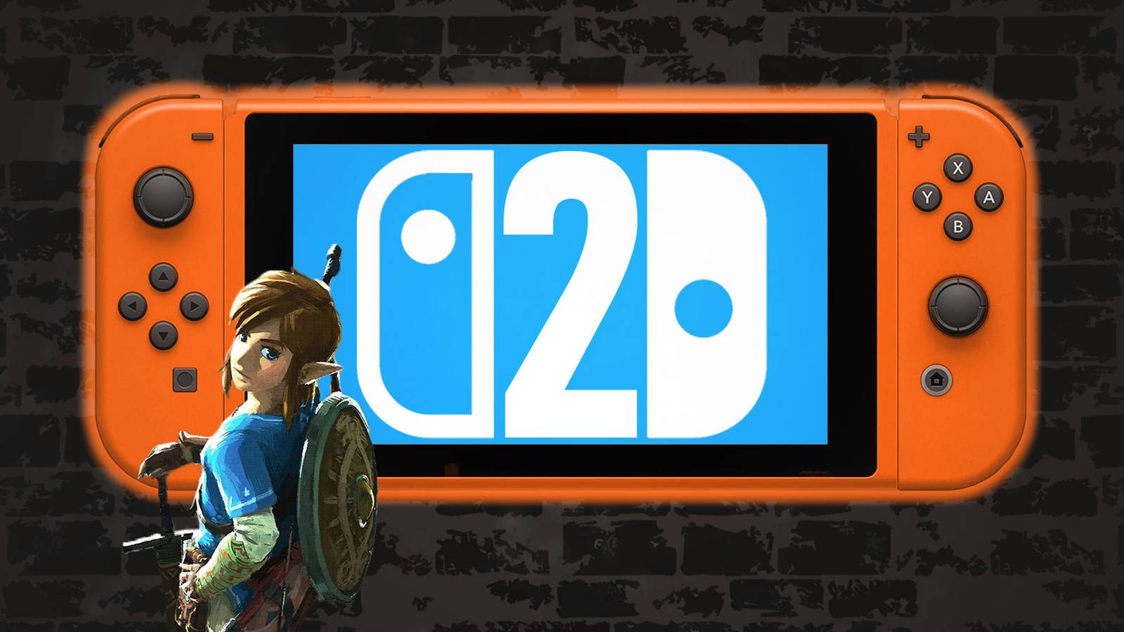 Nintendo Switch 2 orange mockup dark wall with official concept art of Link from Breath of the Wild