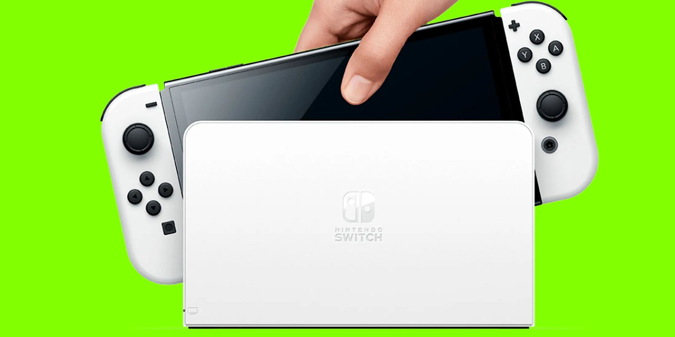 An image of a white Nintendo Switch against a lime-green background.