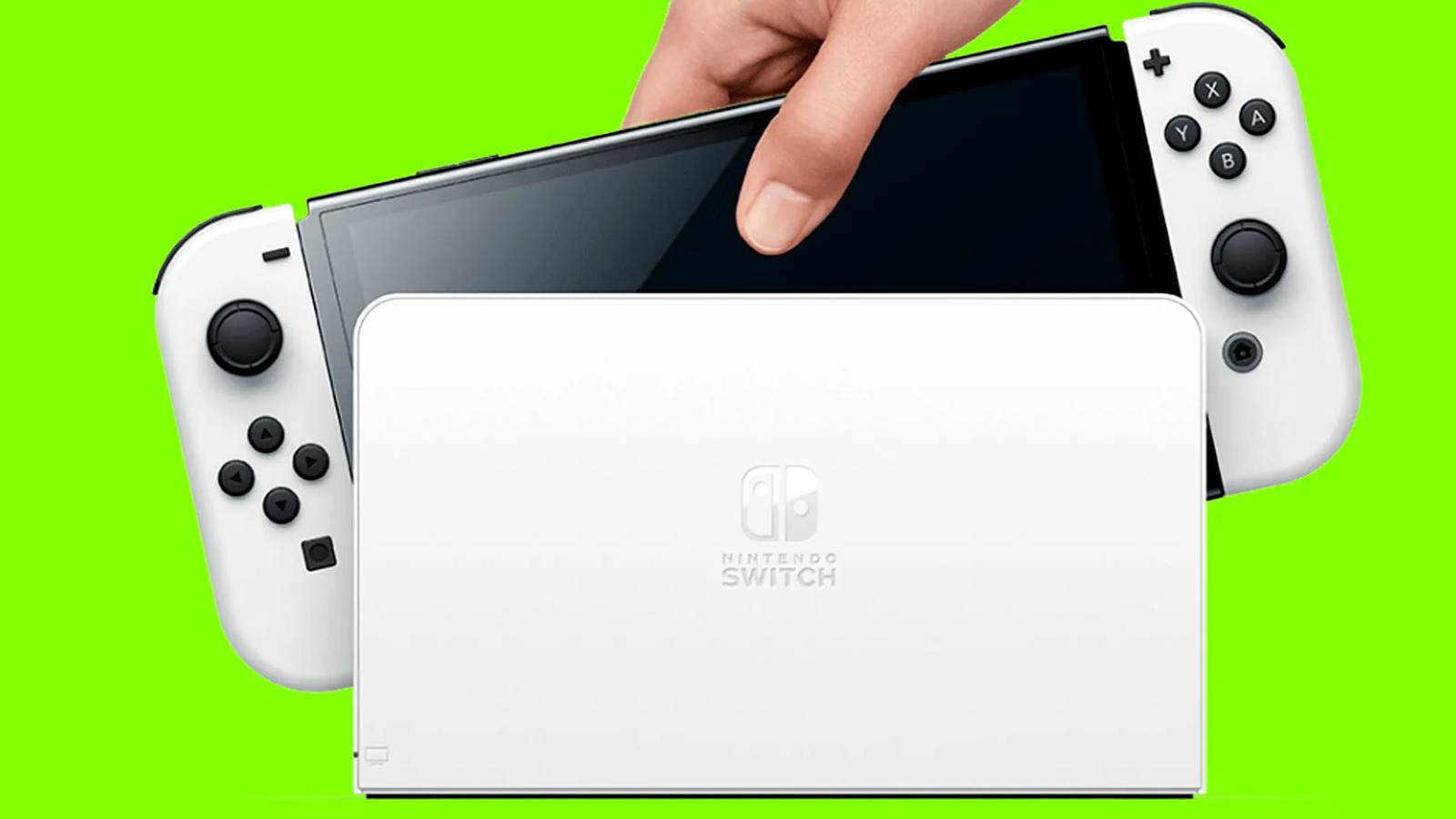 An image of a white Nintendo Switch against a lime-green background.