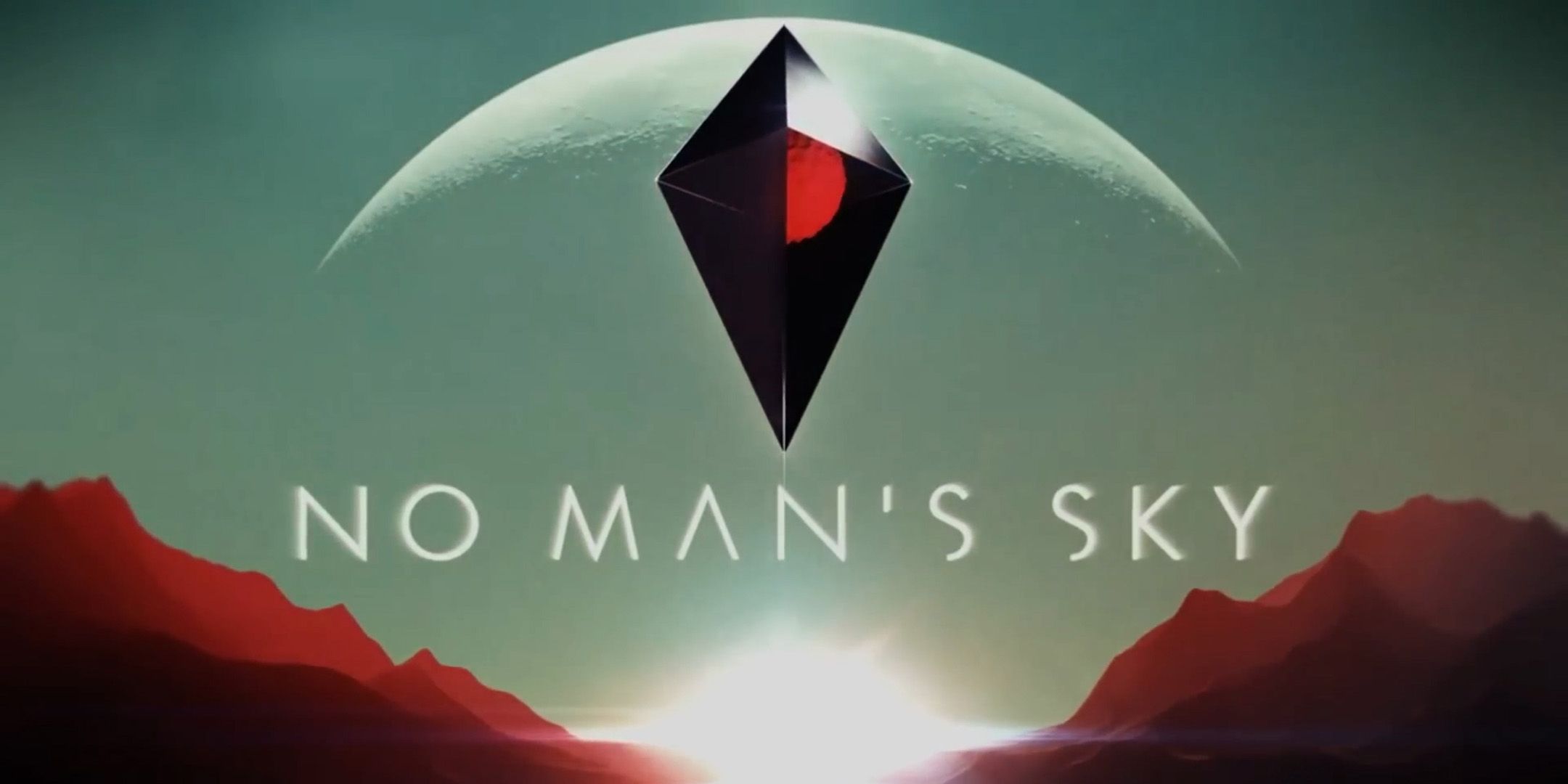 The logo for No Man's Sky with a moon in the distance