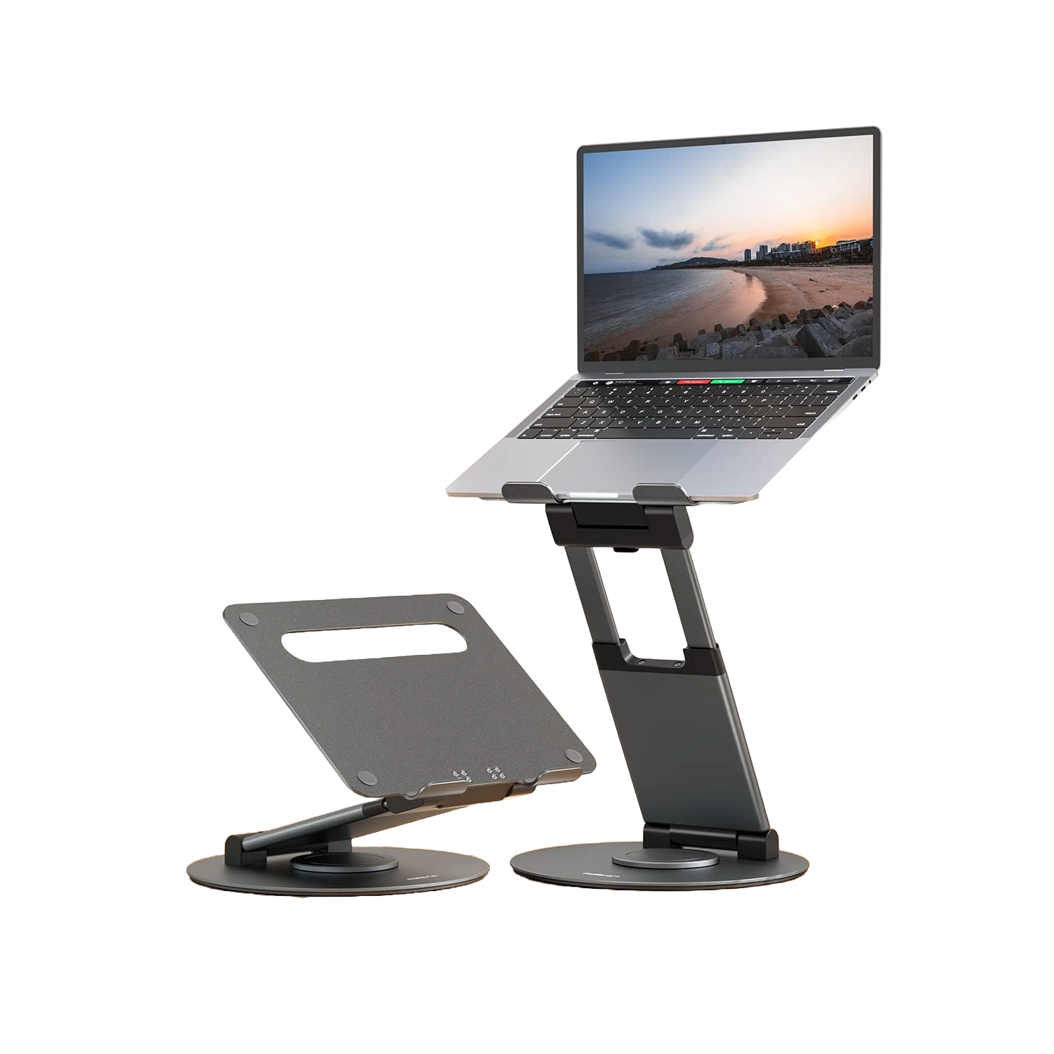 Two Nulaxy Telescopic 360 Rotating Laptop Stands side by side with one holding a MacBook.