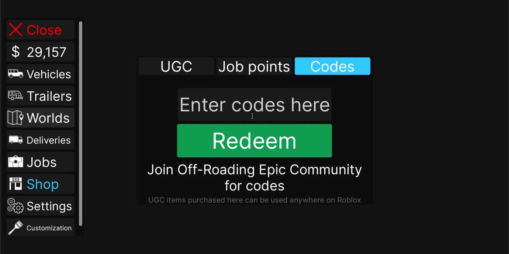 Off-Roading Epic the codes tab