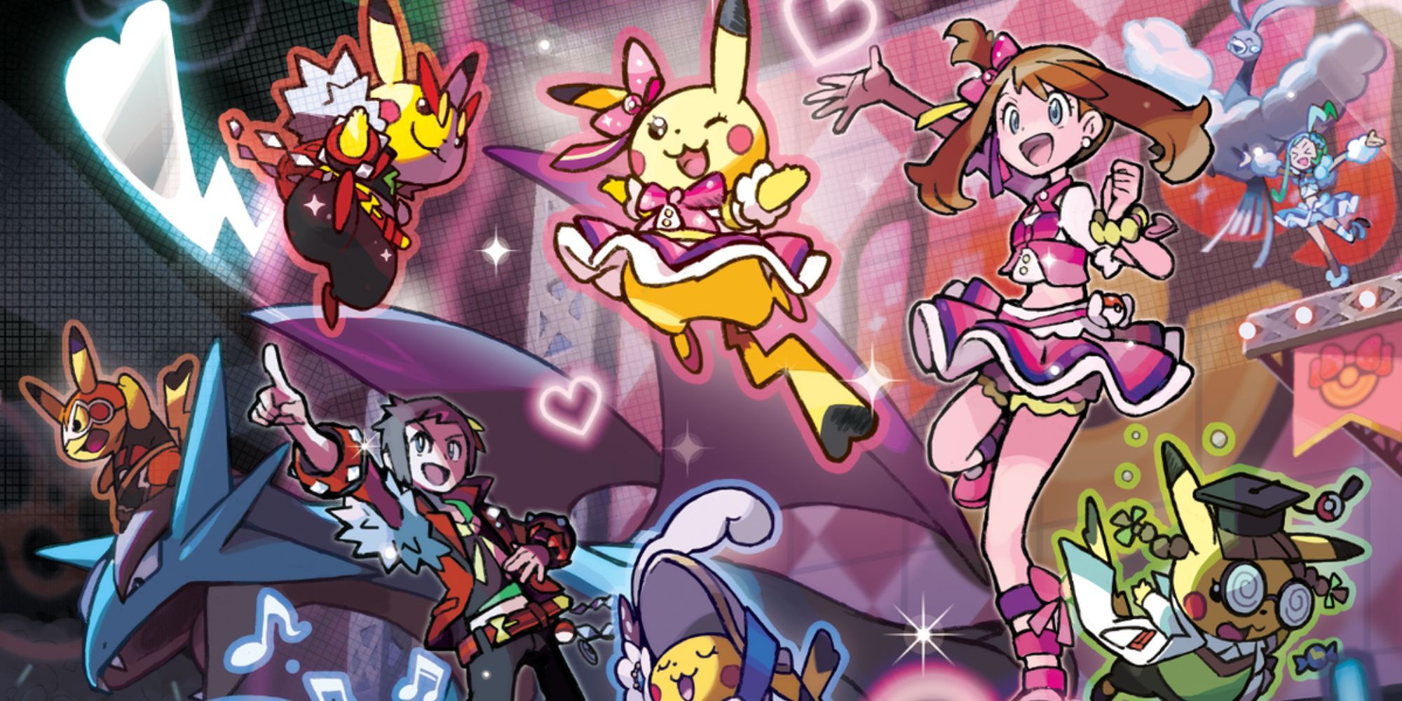 Official art of Brendan, May and the cosplay Pikachu in a Pokemon contest.