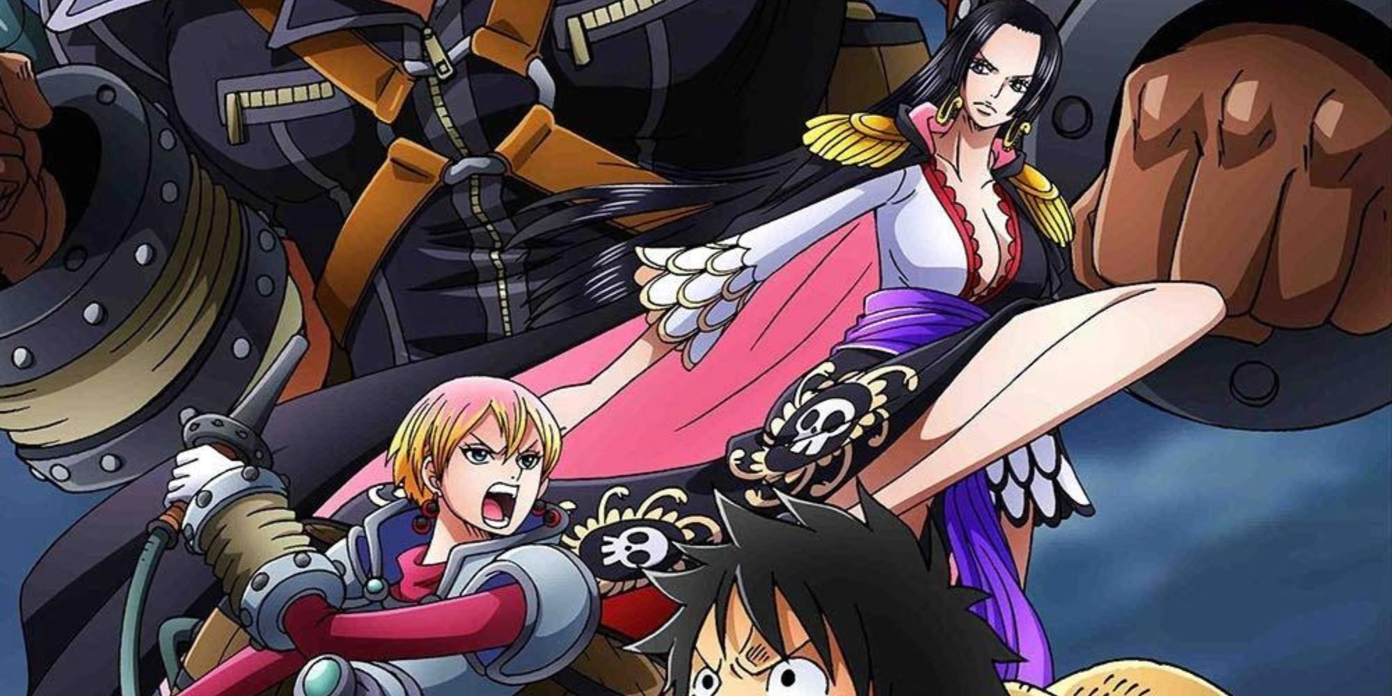 Official promotional art of the Cidre Guild arc, with Luffy, Boa Hancock and Guarana.