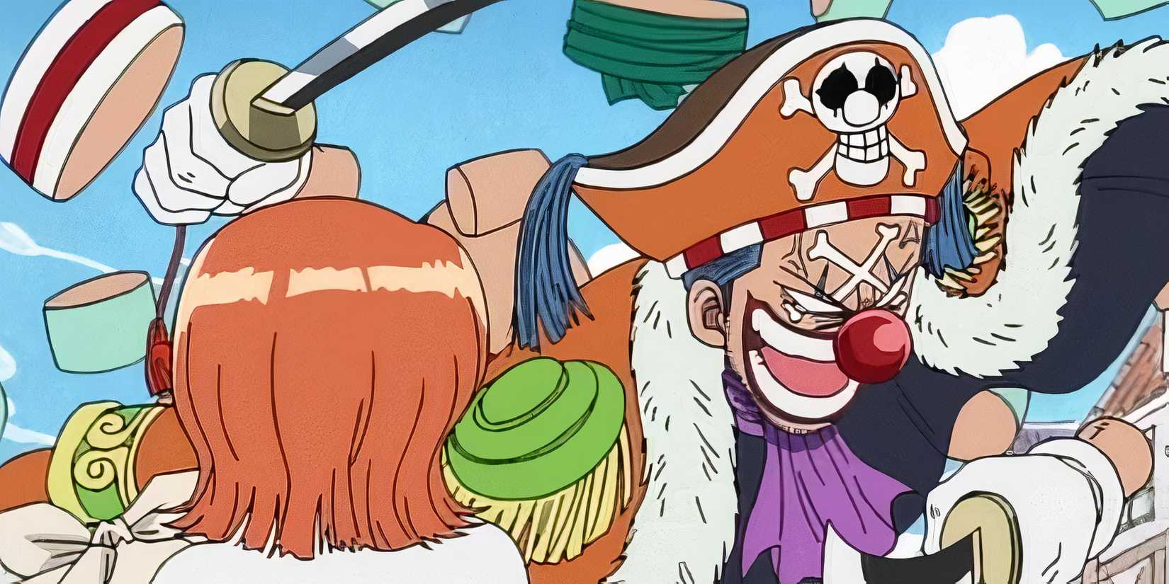 Buggy the clown attempts to attack Nami with the Chop-Chop Fruit in One Piece.