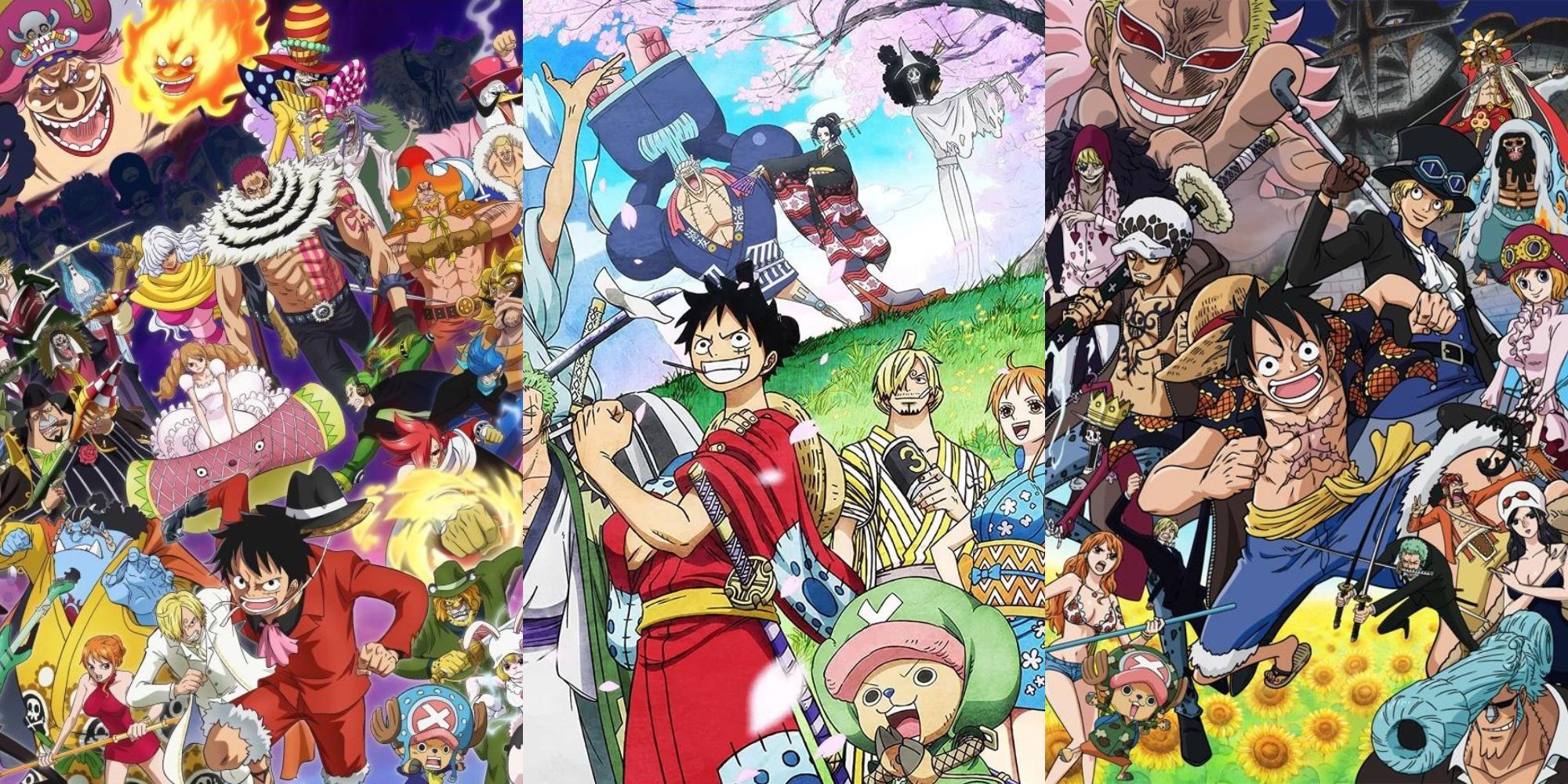 A collage of some of the longest arcs in the One Piece anime: Whole Cake Island, Wano Country and Dressrosa.