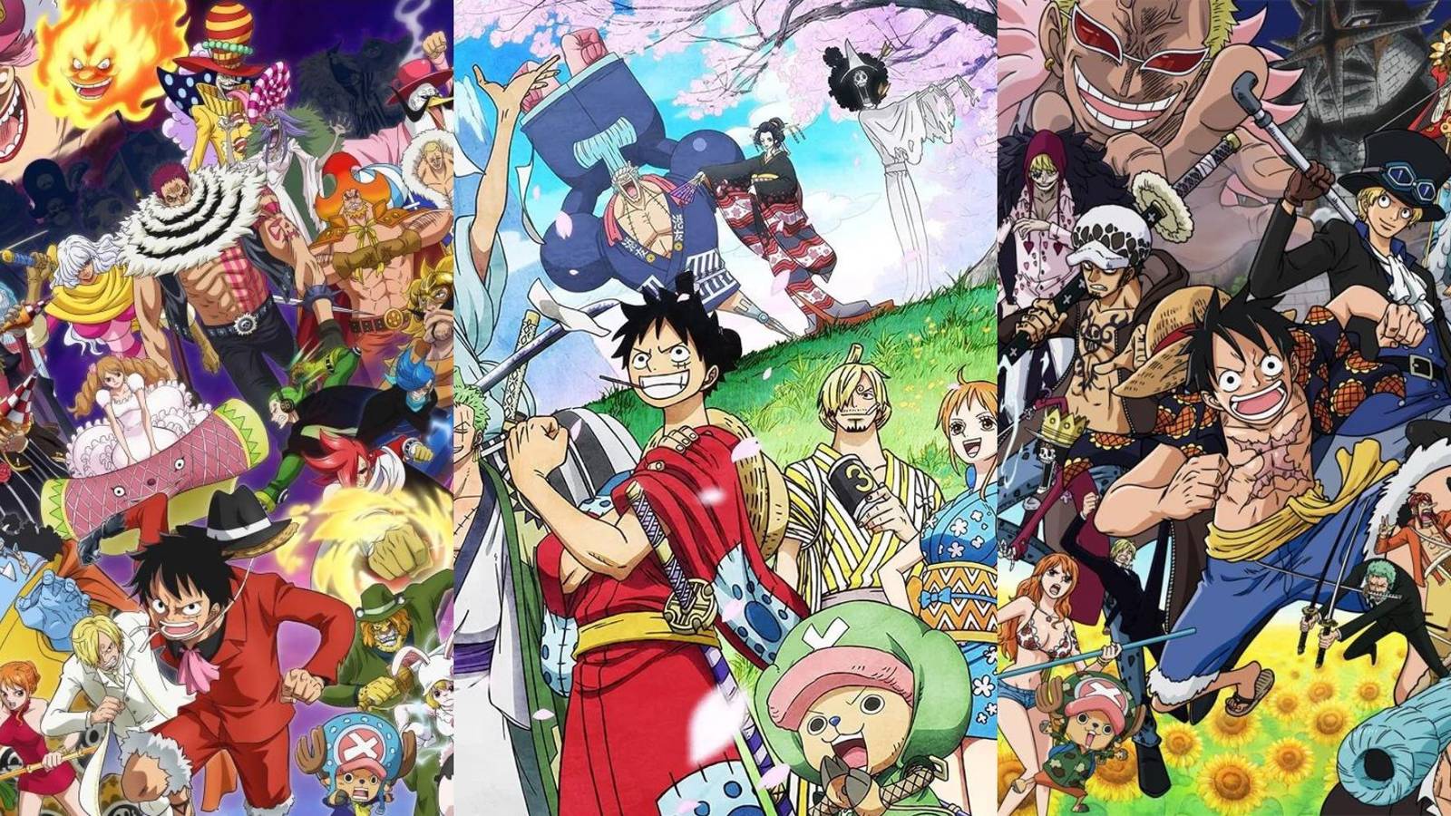 A collage of some of the longest arcs in the One Piece anime: Whole Cake Island, Wano Country and Dressrosa.