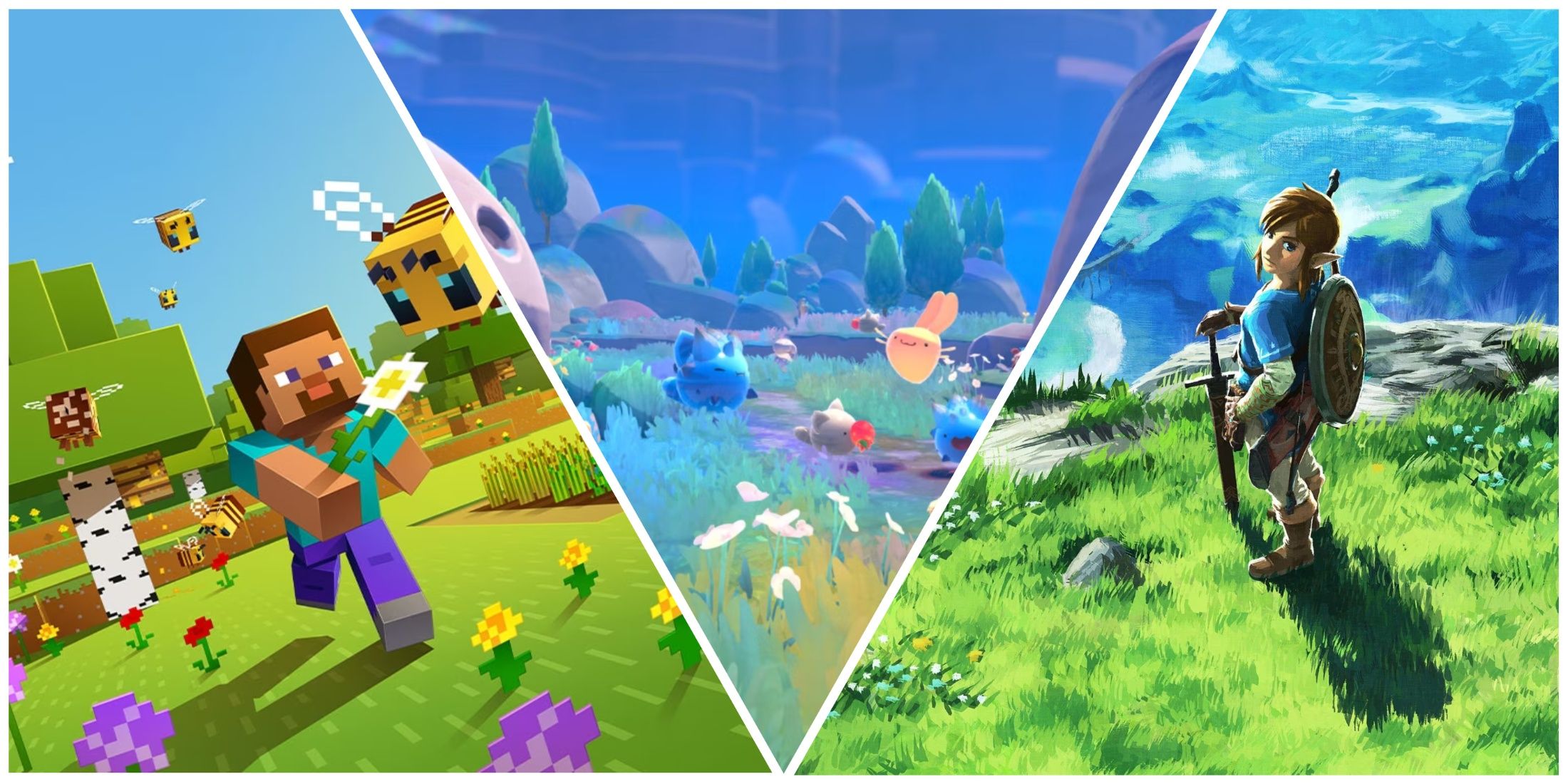 Collage featuring Minecraft (left), Slime Rancher (center), and Breath of the Wild (right)