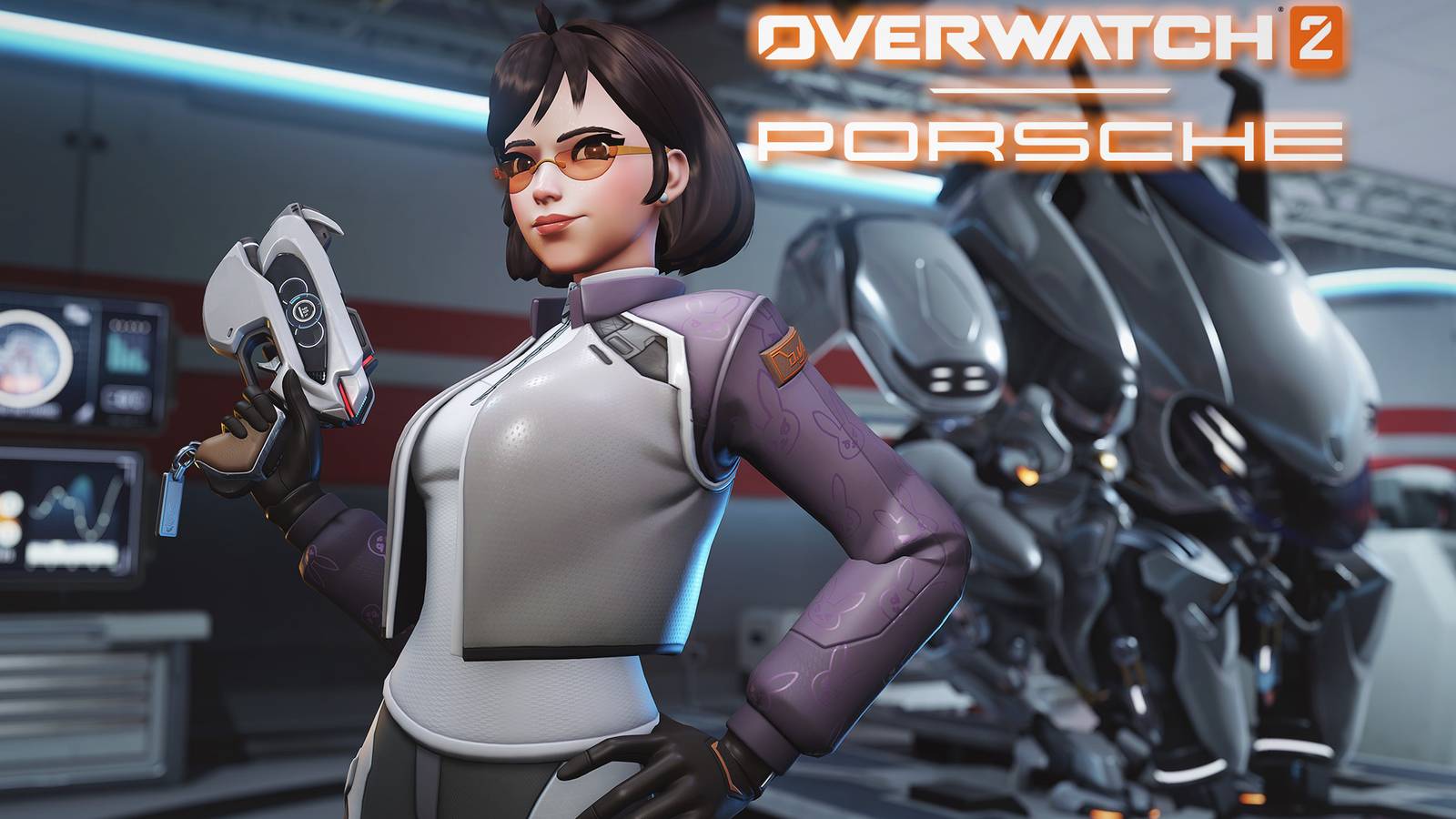 Overwatch 2 Porsche Crossover Collab D.Va Mech Legendary Skin with white and orange logo