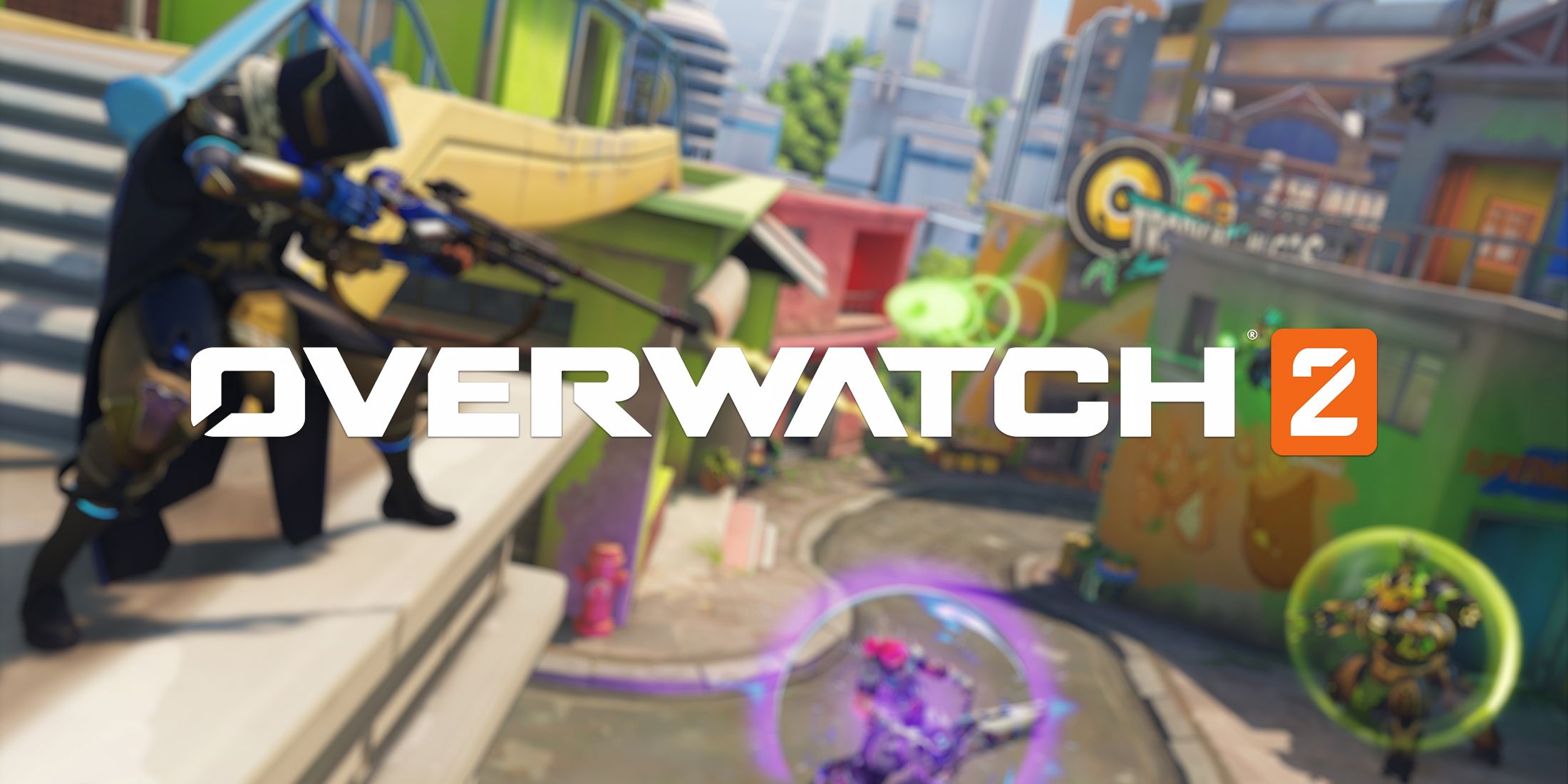 Overwatch 2 logo with heroes in the background