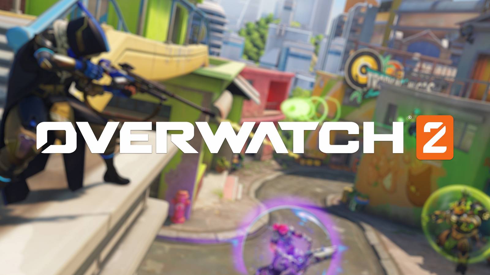 Overwatch 2 logo with heroes in the background