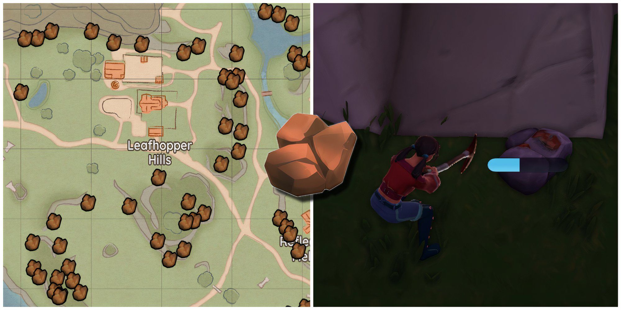 The map of Leafhopper Hills and a player mining a copper ore node there